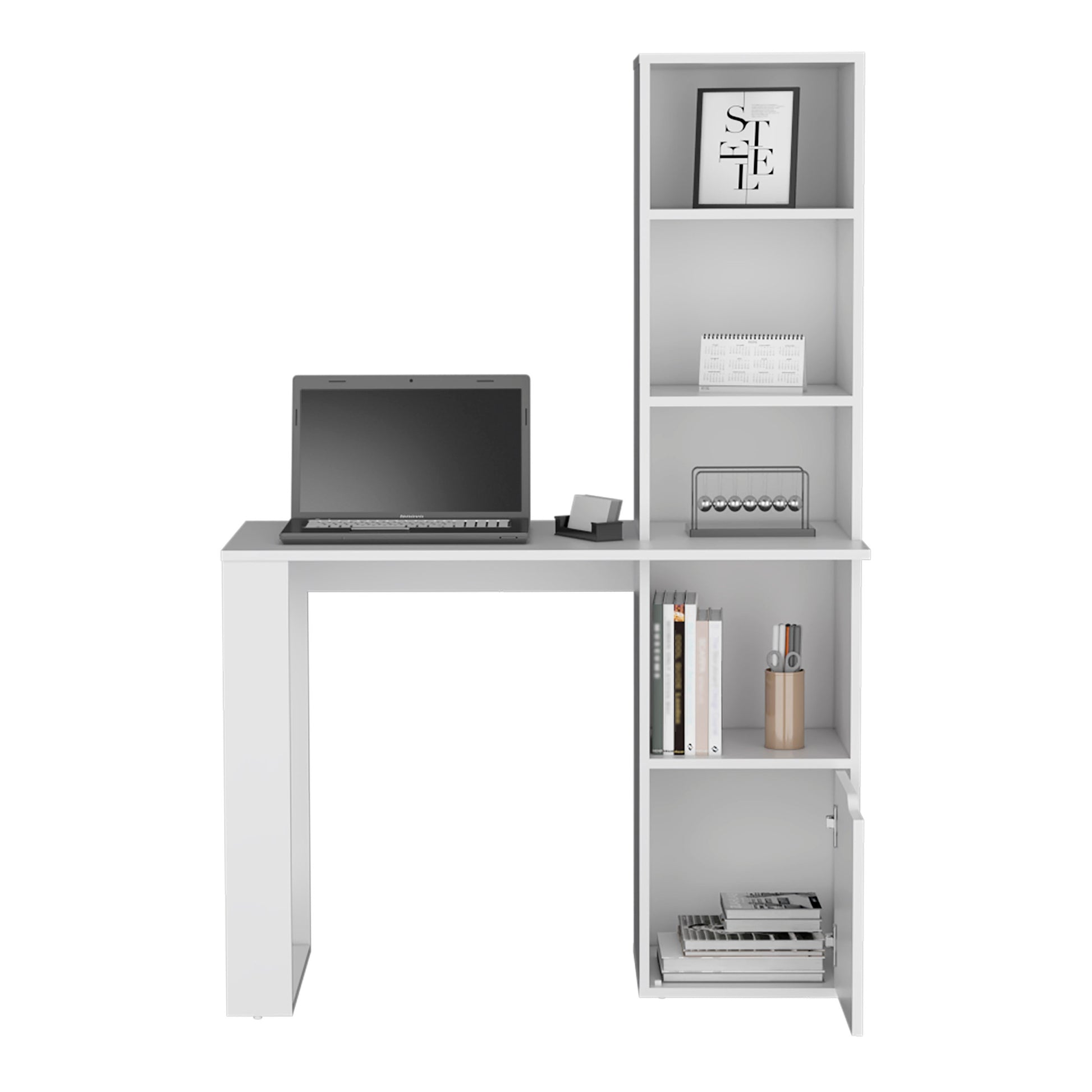 Iowa Computer Desk With 1 Cabinet And 4 Tier Bookcase White Computer Desk Office Modern Freestanding Rectangular Open Storage Desk Rectangular Particle Board Engineered Wood