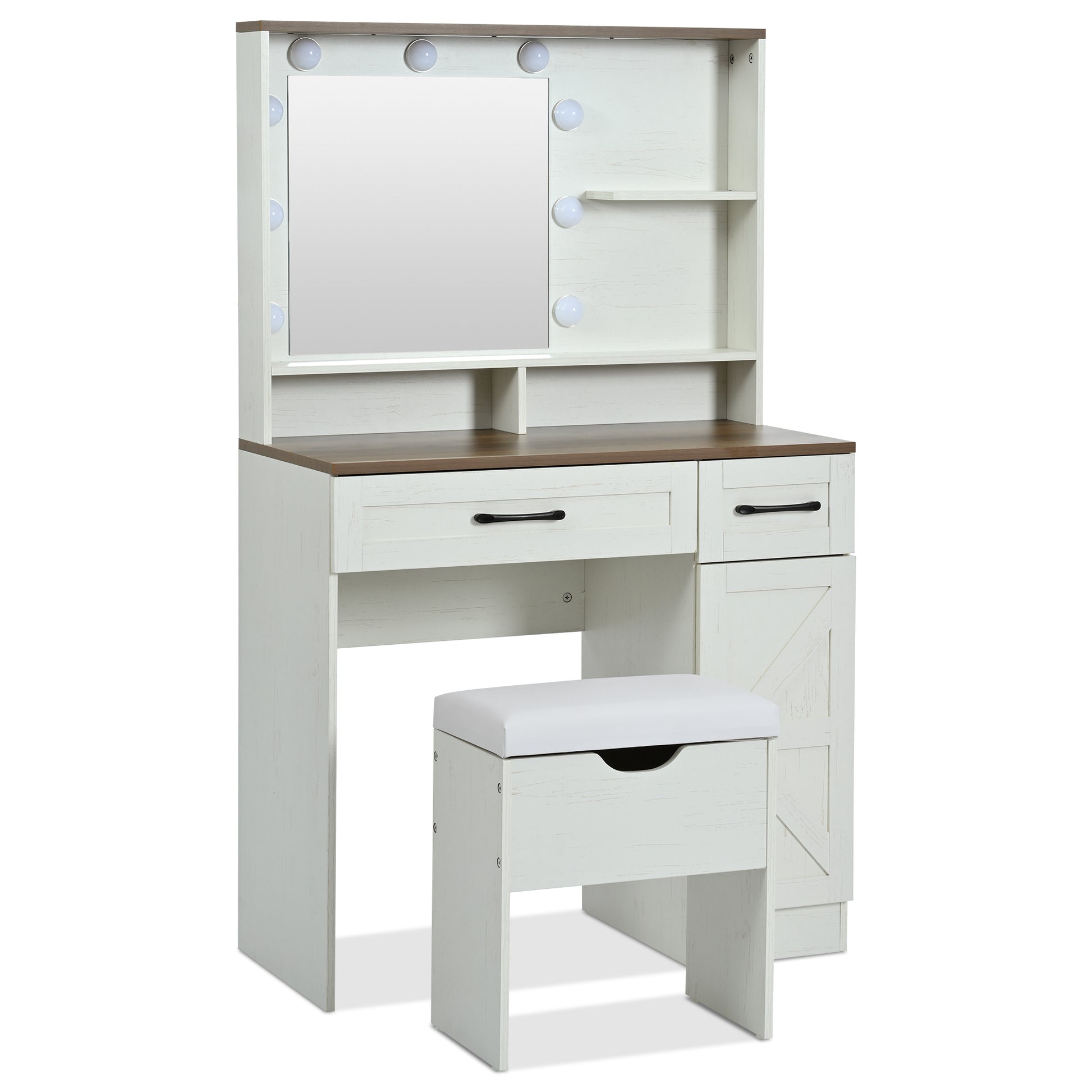 Farmhouse Makeup Vanity Desk With Mirror And Lights, 3 Lighting Modes, Vanity Set With Stool, Dressing Table With Adjustable Shelves,2 Drawers And Side Cabinet For Bedroom, White Brown White Bedroom