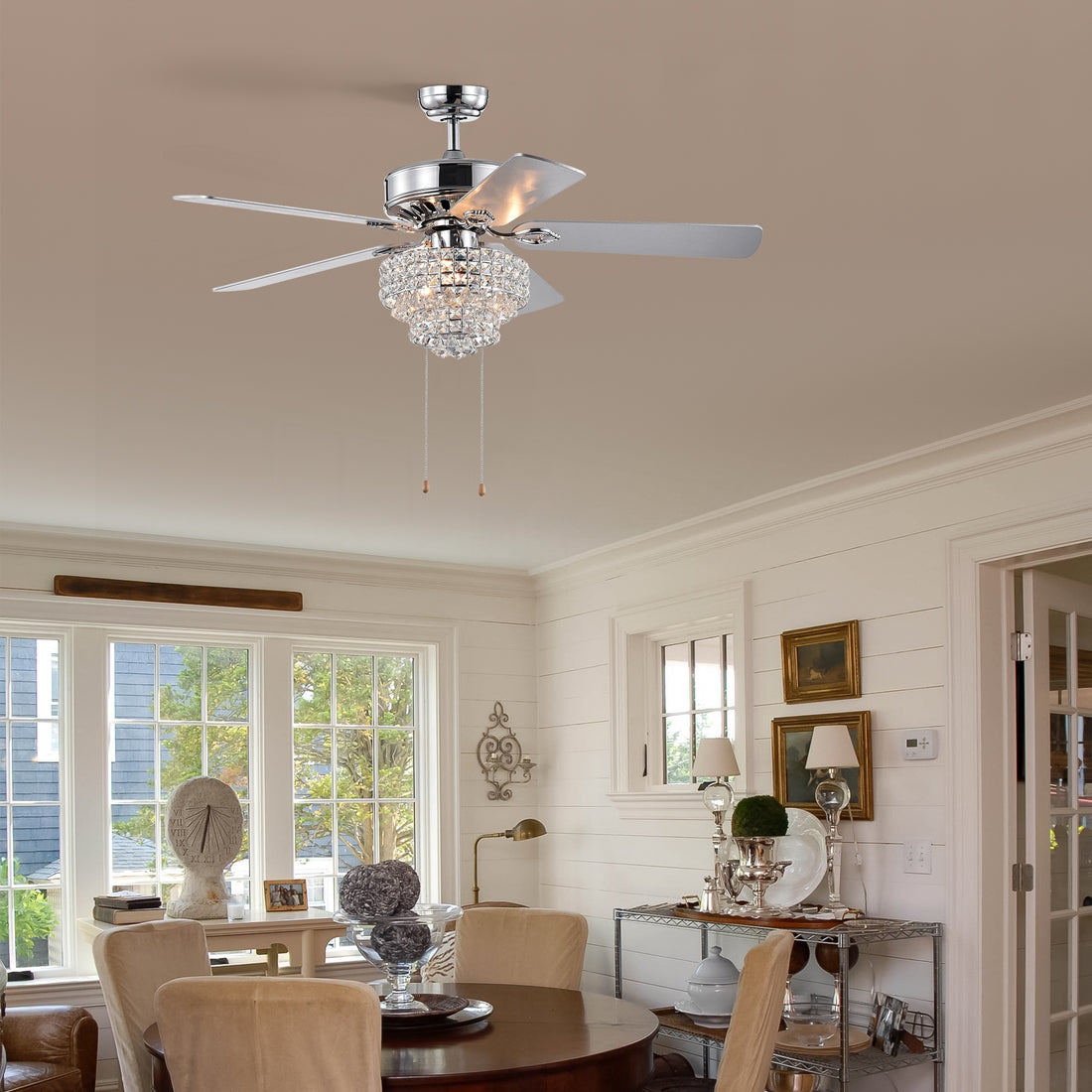 52 Inch Crystal Ceiling Fan Lamp With Hand Pull Chain 3 Speed High, Mid, Low , 5 Reversible Blades Ceiling Fan Chrome ,3Pcs*E12 No Include Bulb Chrome American Traditional,Antique,Classic,Contemporary Plywood Metal