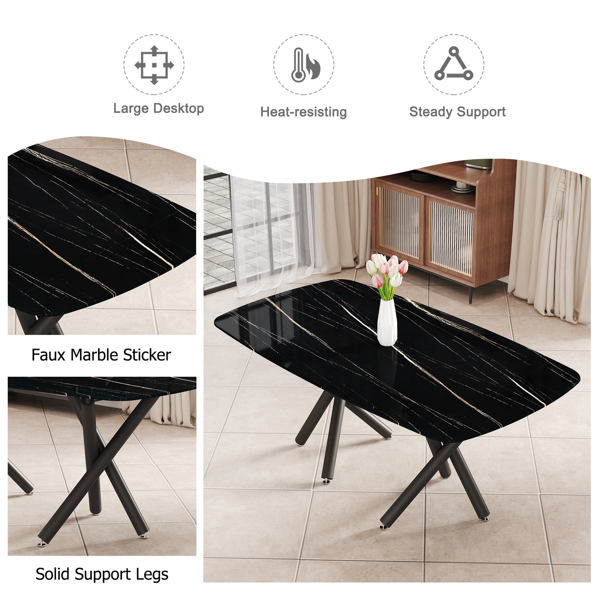 Large Modern Minimalist Rectangular Dining Table With 0.39 "Imitation Marble Black Tabletop And Black Metal Legs, Suitable For Kitchen, Dining Room, Living Room, Conference Room, And Banquet Hall 1537 Black Glass