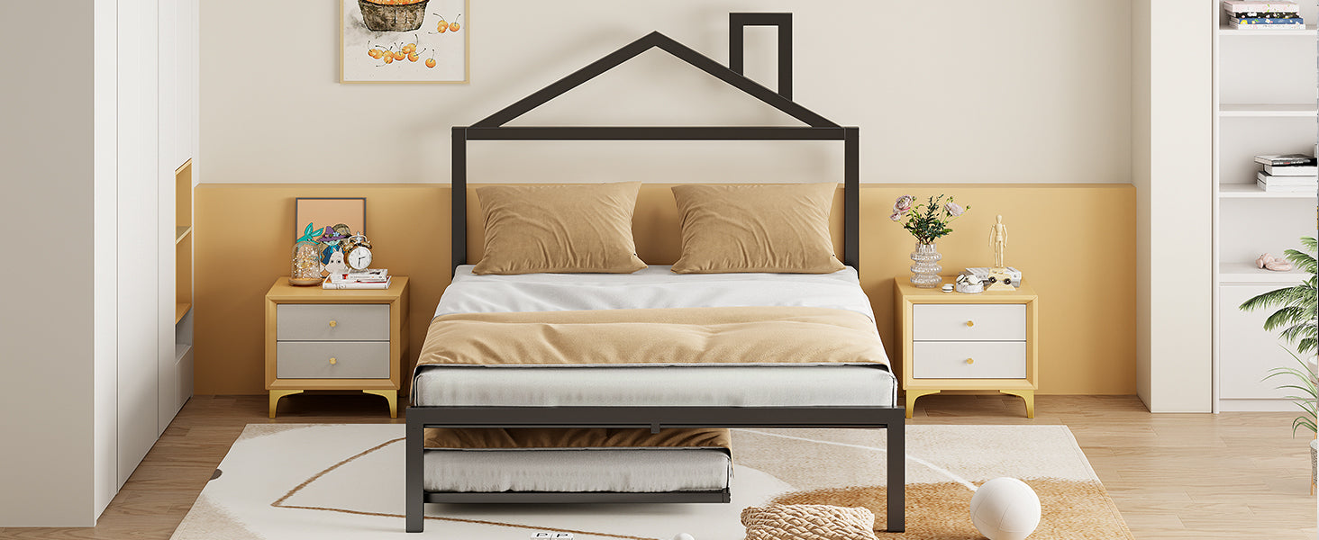 Full Size Metal Platform Bed With Twin Size Trundle,House Shaped Headboard Design, Black Full Black Metal