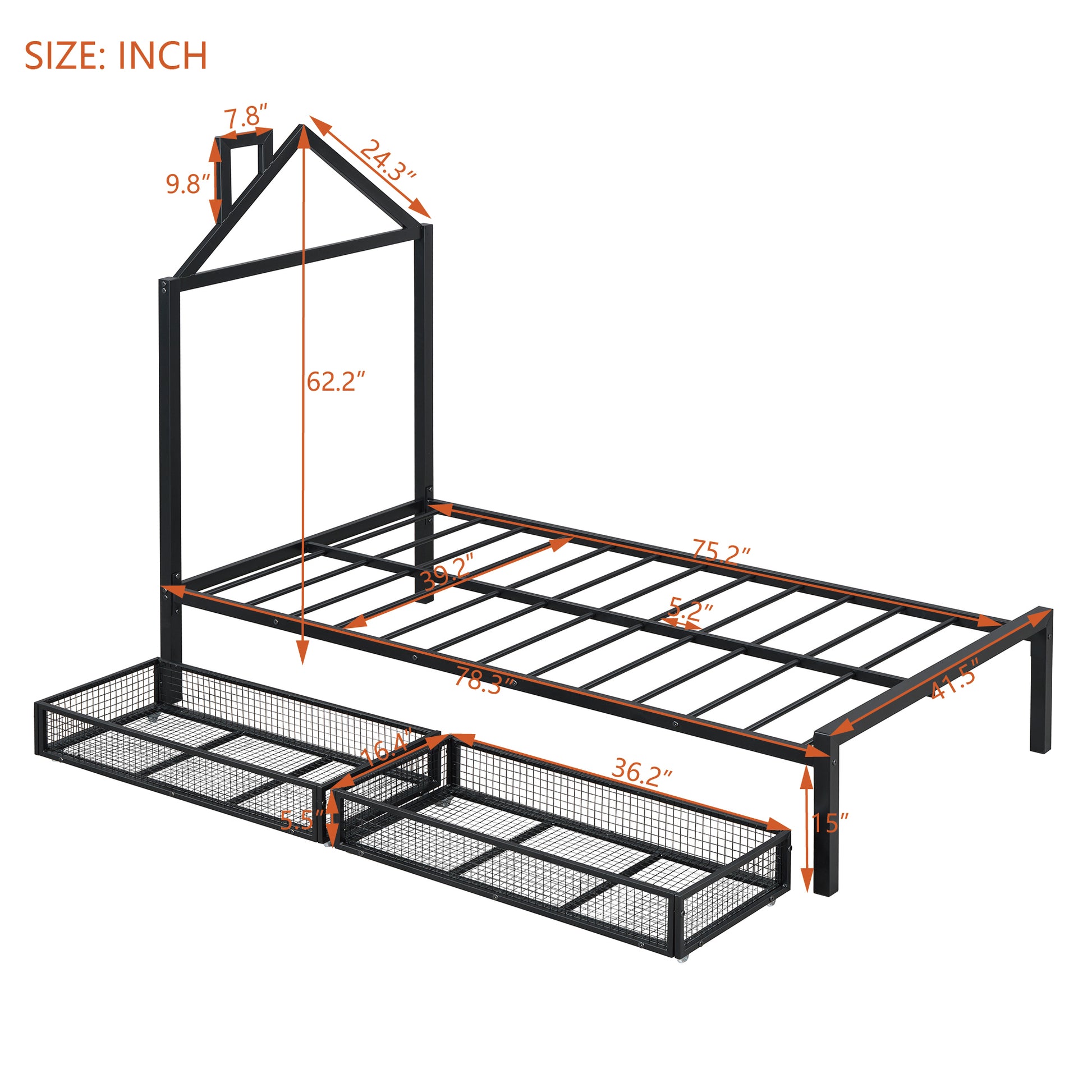 Twin Size Metal Platform Bed With Two Drawers,House Shaped Headboard Design, Black Twin Black Metal