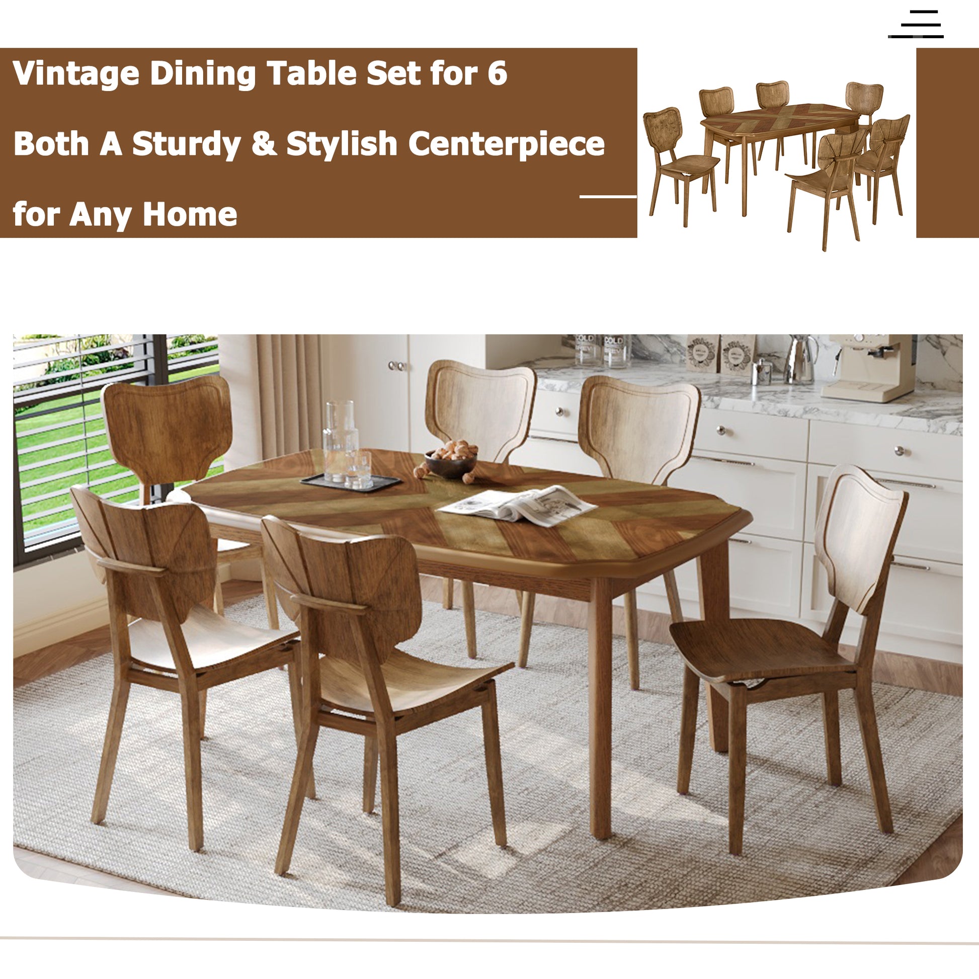 Vintage 7 Piece Dining Table Set With 6 Dining Chairs,Kitchen Table Set For 6 With Curved Back And Seat, Brown Wood Dining Room Solid Wood Rubberwood Rectangular Dining Table With Chair Upholstered Chair Wood Brown Seats 6 Farmhouse Curved 4 Leg Rubber