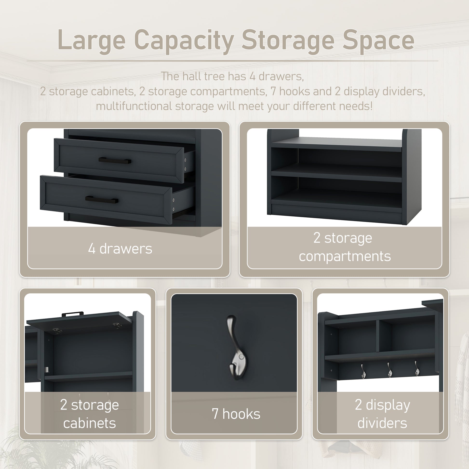 4 In 1 Detachable Hall Tree With Storage And 7 Hooks, Multiple Functions Hallway Coat Rack With Storage Drawers And Cabinet, Antique Blue Shoe Bench For Entryway Hallway Antique Blue Particle Board