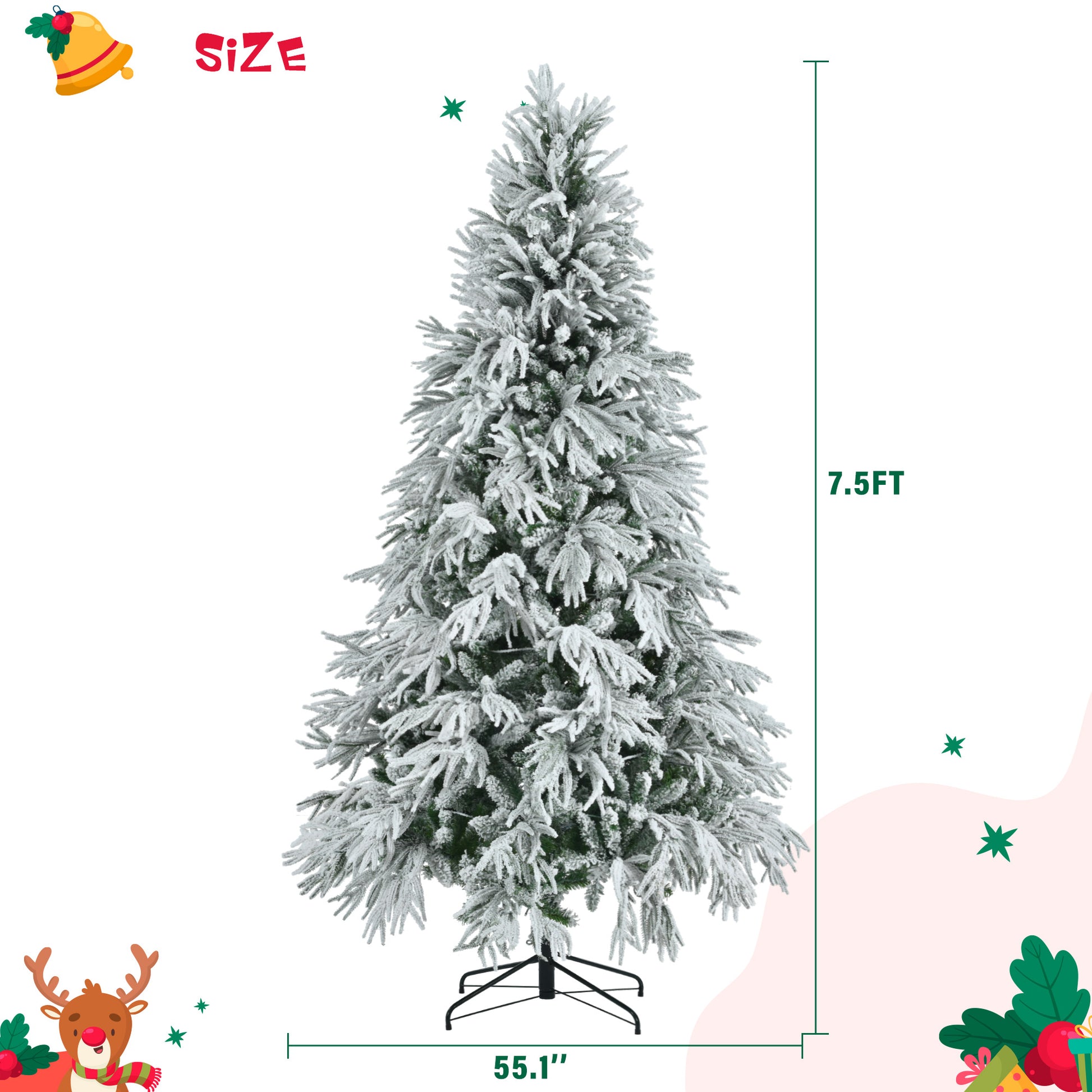 7.5Ft Pre Lit Spruce Snow Flocked Christmas Tree, Artificial Hinged Xmas Tree With 350 Multi Color Led Lights, 8 Flashing Modes &1389 Snow Branch Tips, Holiday Office Home D Cor White Green Polyethylene