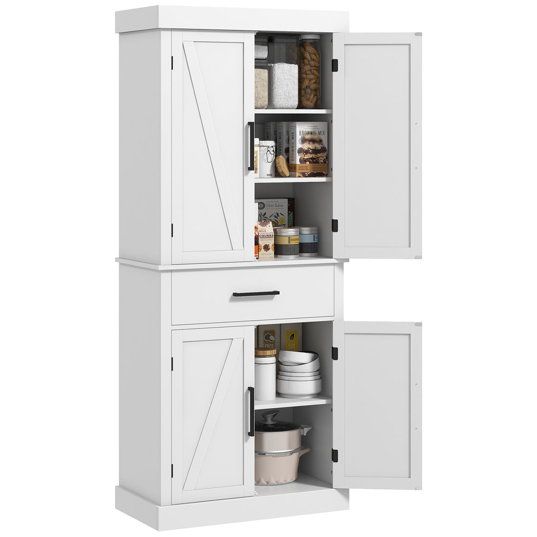 Homcom 72" Tall Kitchen Pantry Storage Cabinet, Farmhouse Freestanding Kitchen Cabinet With 4 Barn Doors, Drawer, 5 Tier Shelf And Adjustable Shelves, White White Particle Board