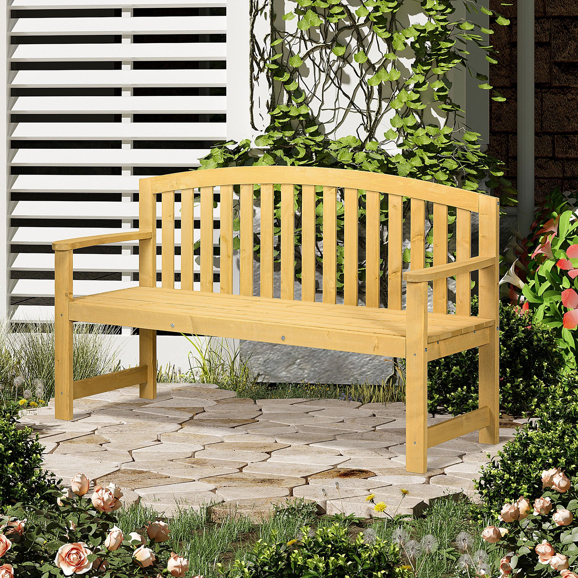 Outsunny 56" Outdoor Wood Bench, 2 Seater Garden Bench With Backrest And Armrest, Patio Bench For Patio, Porch, Poolside, Balcony, Natural Natural Wood