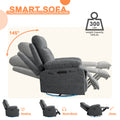 Power Recliner Glider Chair With Bluetooth Speaker 270 Degree Swivel With Led Light Side Arm With Storage Pockets Usb Type C Charging Port Button Control Retractable Footrest Adjustable Backrest Dg Dark Grey Linen Power Push Button Primary Living Space