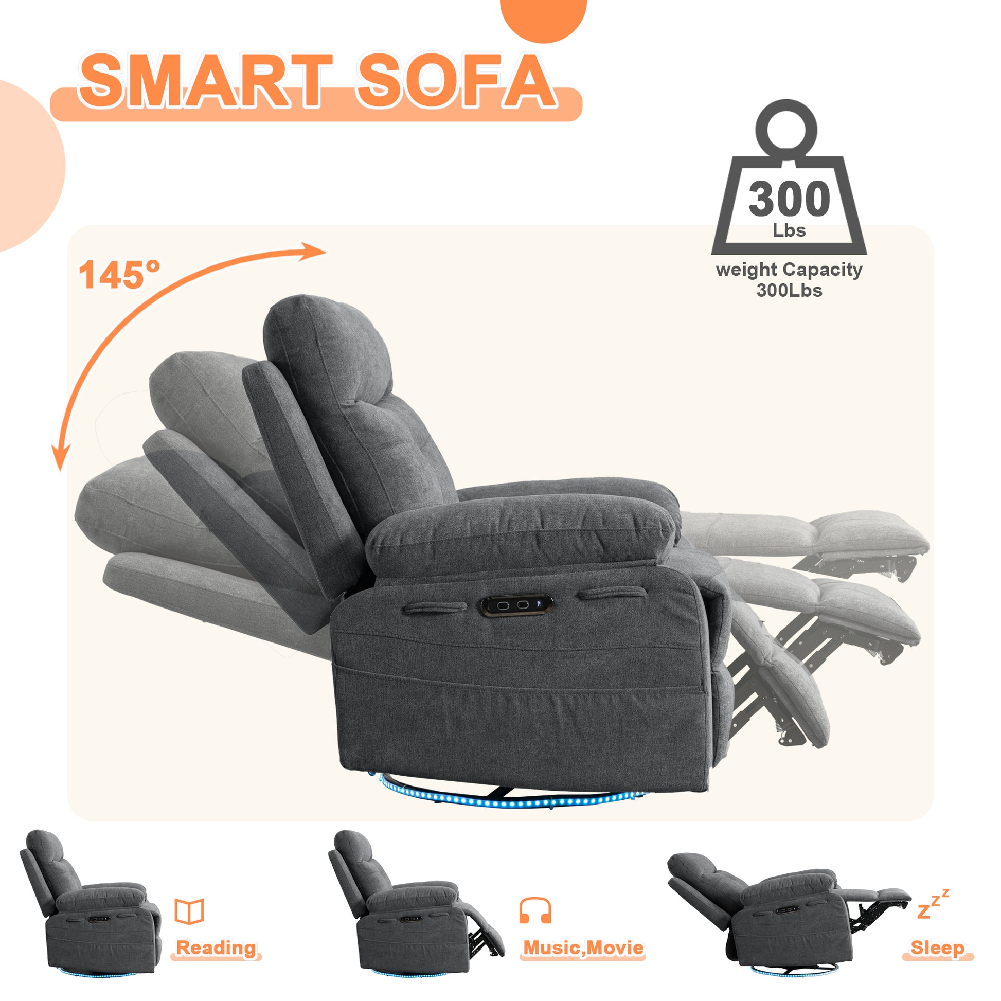 Power Recliner Glider Chair With Bluetooth Speaker 270 Degree Swivel With Led Light Side Arm With Storage Pockets Usb Type C Charging Port Button Control Retractable Footrest Adjustable Backrest Dg Dark Grey Linen Power Push Button Primary Living Space