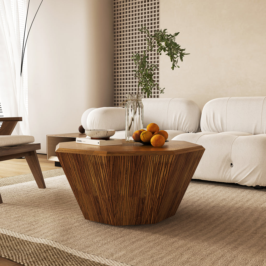 31.5 "Octagonal Log Color Rubber Wood Coffee Table, Coffee Table, Living Room Bedroom Natural Rubber Wood