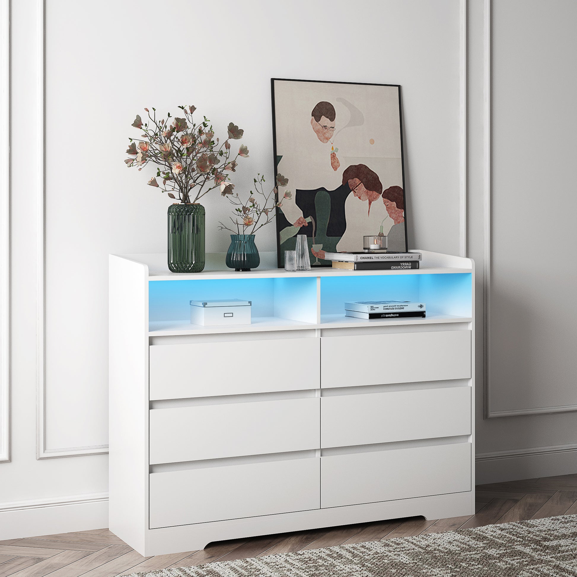 6 Drawer Dresser, White Dresser For Bedroom With Led Lights, Modern Dressers & Chests Of Drawers With Sturdy Frame For Living Room, Entryway, Hallway White Mdf