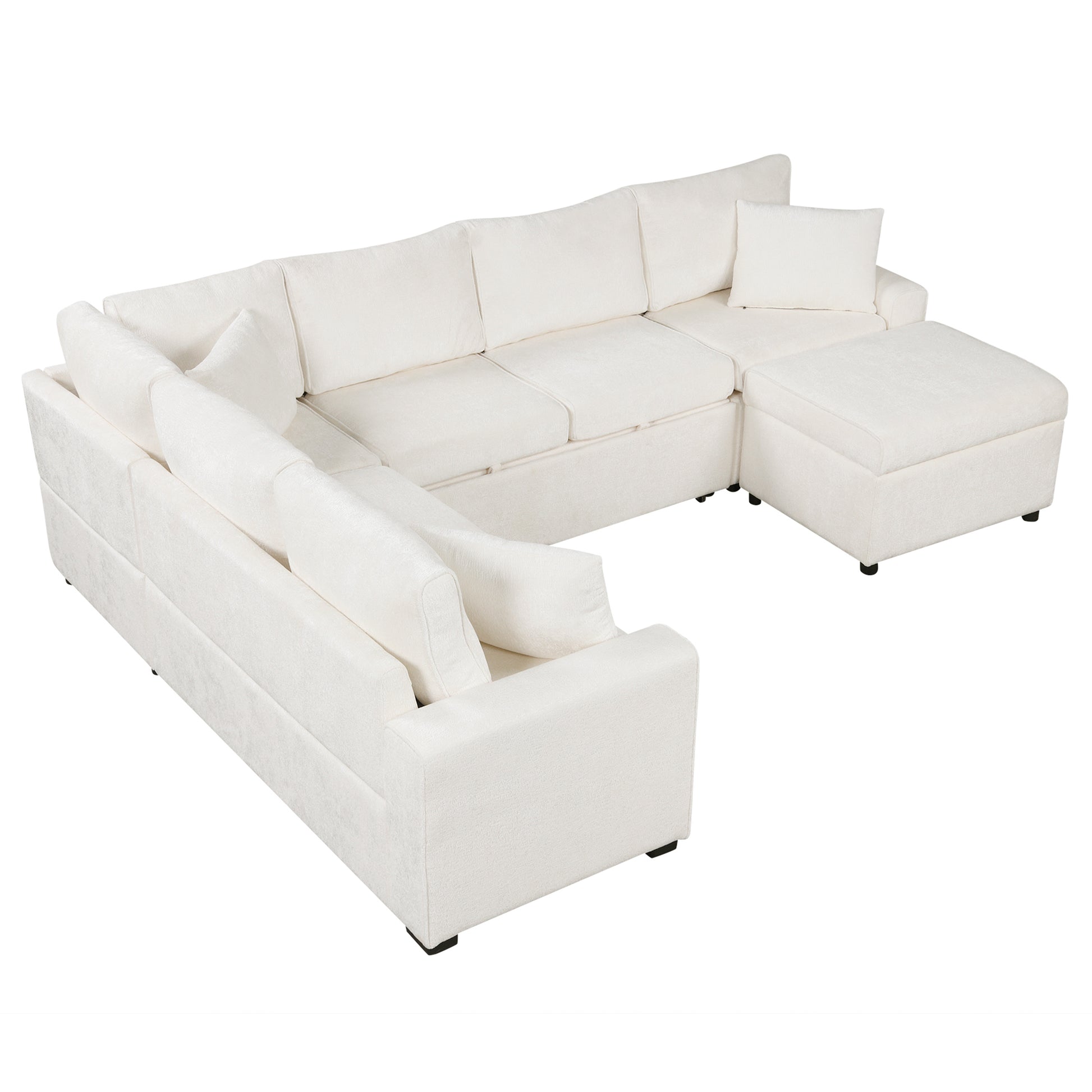 112.2" Sectional Sofa Pull Out Sofa Bed Sleeper With A Storage Ottoman,Three Pillows And Charging Devices For Living Room, Cream Cream Foam Chenille 6 Seat