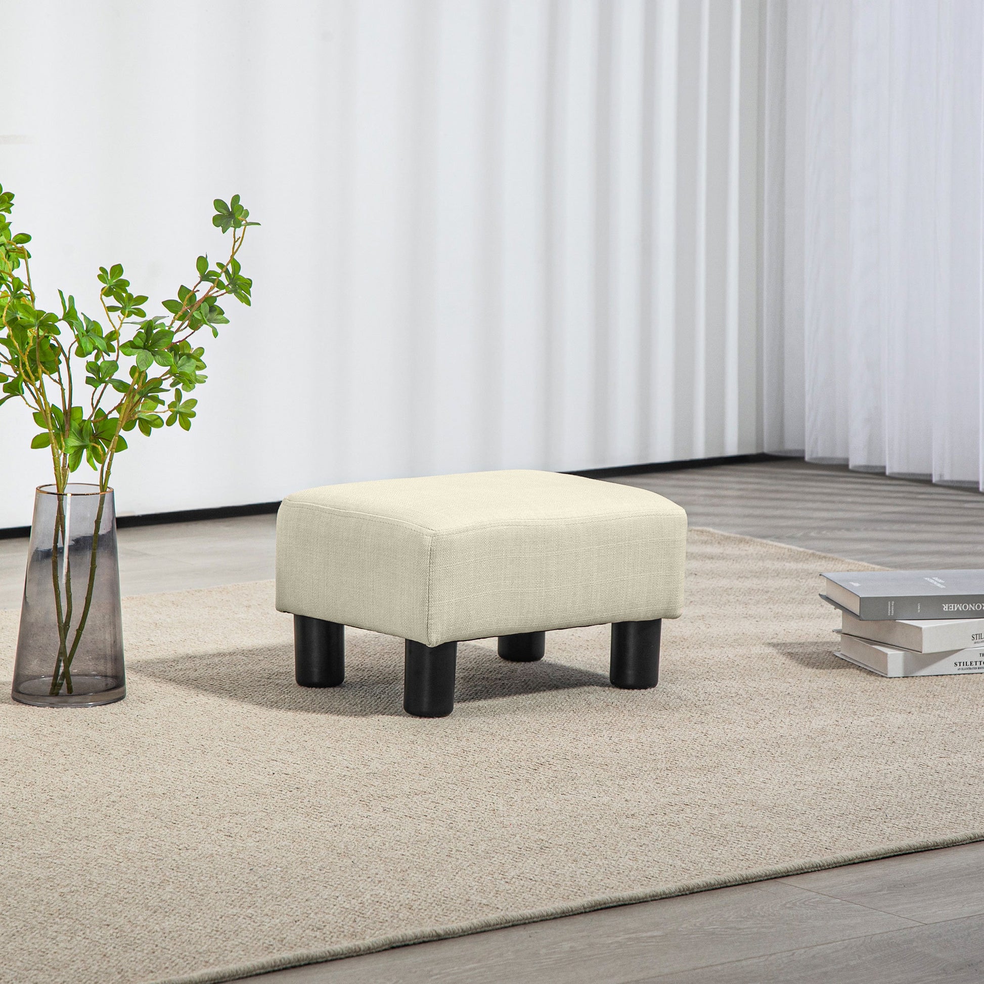 Homcom Ottoman Foot Rest, Small Foot Stool With Linen Fabric Upholstery And Plastic Legs, Cube Ottoman For Living Room, Beige Beige Linen