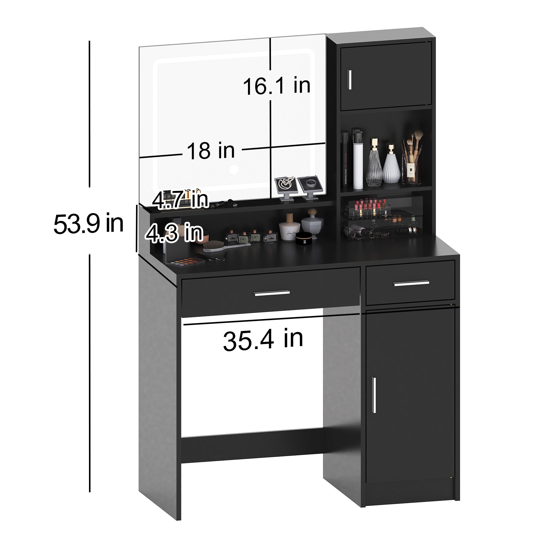 Vanity Desk With Mirror And Led Light Strip,Dressing Table With Large Drawer, 3 Level Storage Dresser & 3 Lighting Modes Adjustable Brightness, Suitable For Bedroom Black Black Particle Board