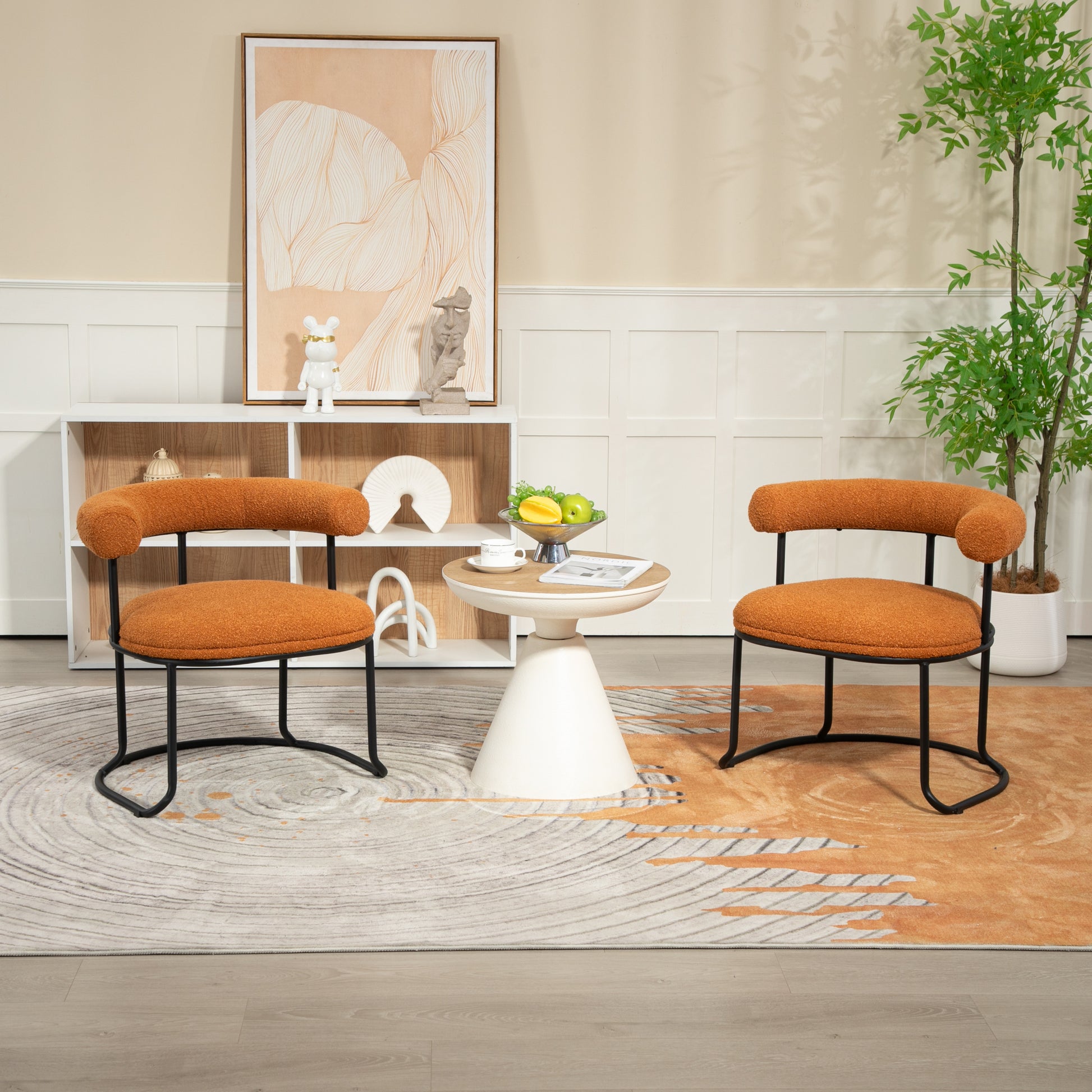 Coolmore Boucle Dining Chairs Set Of 2, Mid Century Modern Curved Backrest Chair, Round Upholstered Kitchen Chairs Orange Boucle Orange Foam Mdf Metal