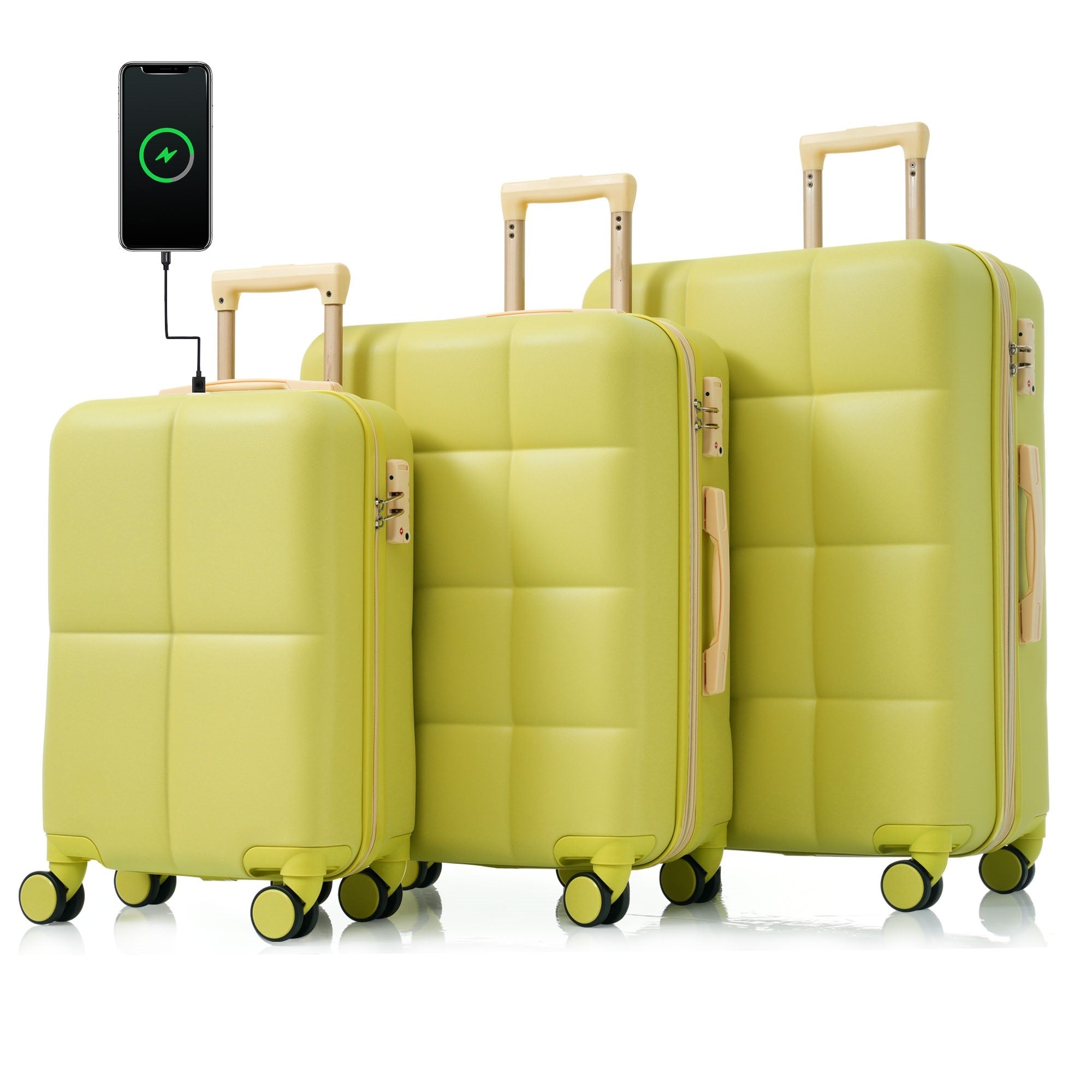 Luggage Set Of 3, 20 Inch With Usb Port, Airline Certified Carry On Luggage With Cup Holder, Abs Hard Shell Luggage With Spinner Wheels, Olive Yellow Yellow Abs