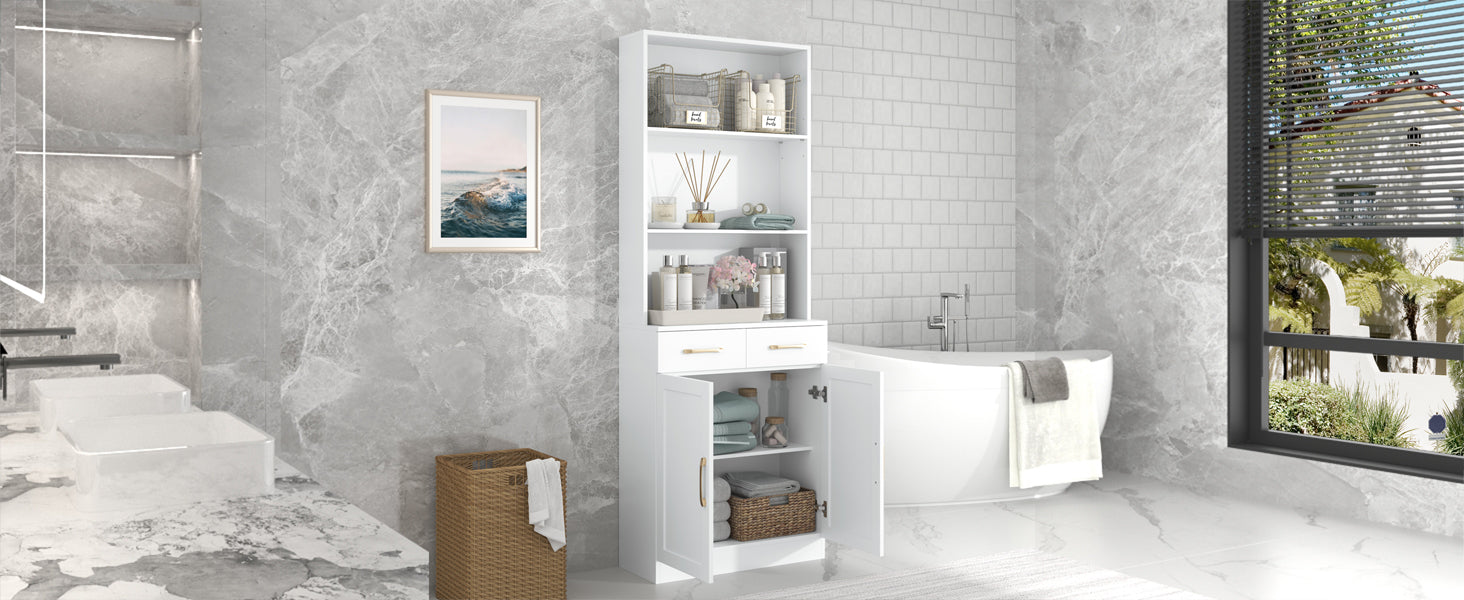 Bathroom Storage Cabinet, Cabinet With Two Doors And Drawers, Adjustable Shelf, Three Layer Open Shelf, Mdf Board, White White Mdf