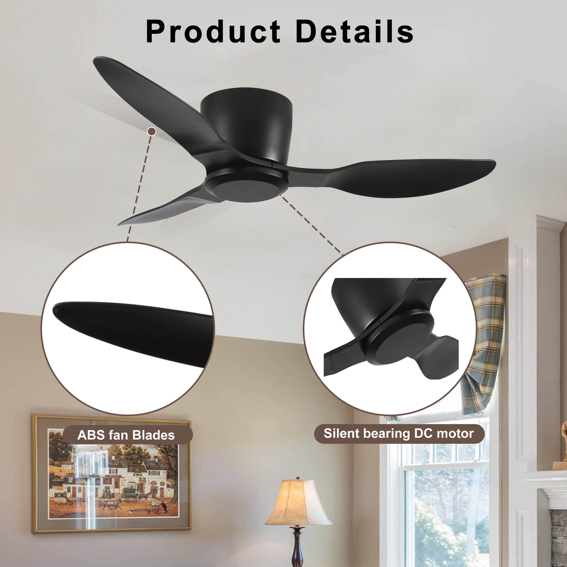 40" Flush Mount Ceiling Fan Without Light, 3 Reversible Blades, With 6 Speeds Reversible Dc Motor,Low Profile Ceiling Fan With No Light For Living Room Kitchen Bedroom Black Classic Abs Steel Q235