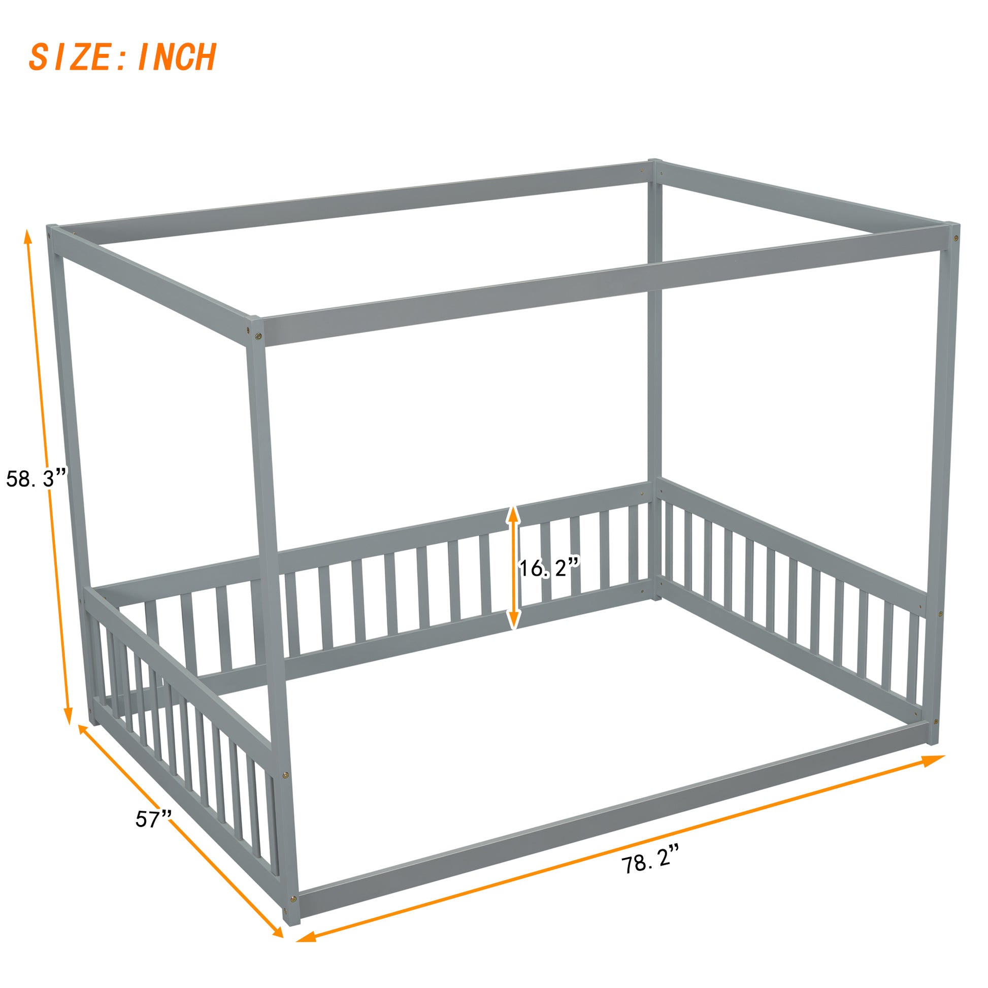 Full Size Canopy Frame Floor Bed With Fence, Guardrails,Grey Full Grey American Design Pine