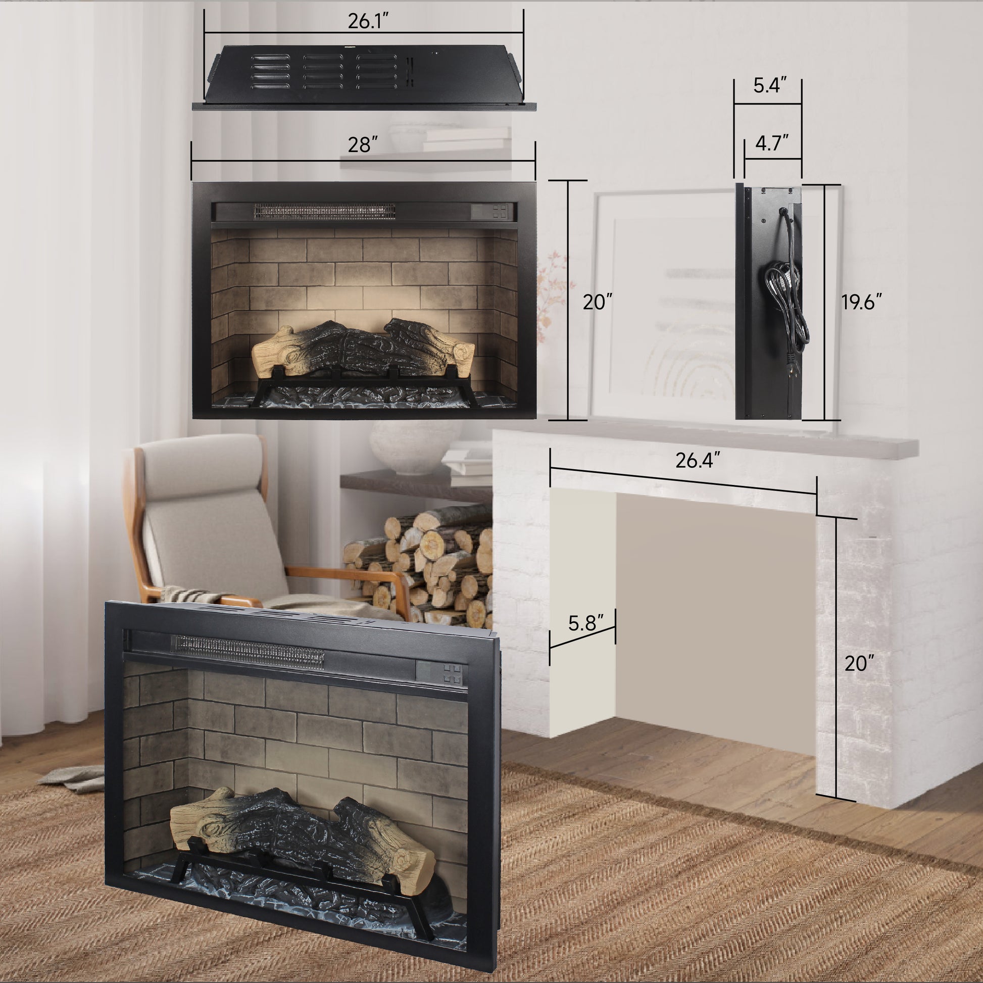 28 Inch Electric Fireplace Insert, Multicolored Flames Powder Coated Electric Antique Black Vent Free Primary Living Space Yes Insert Tempered Glass Sheet Metal Electric