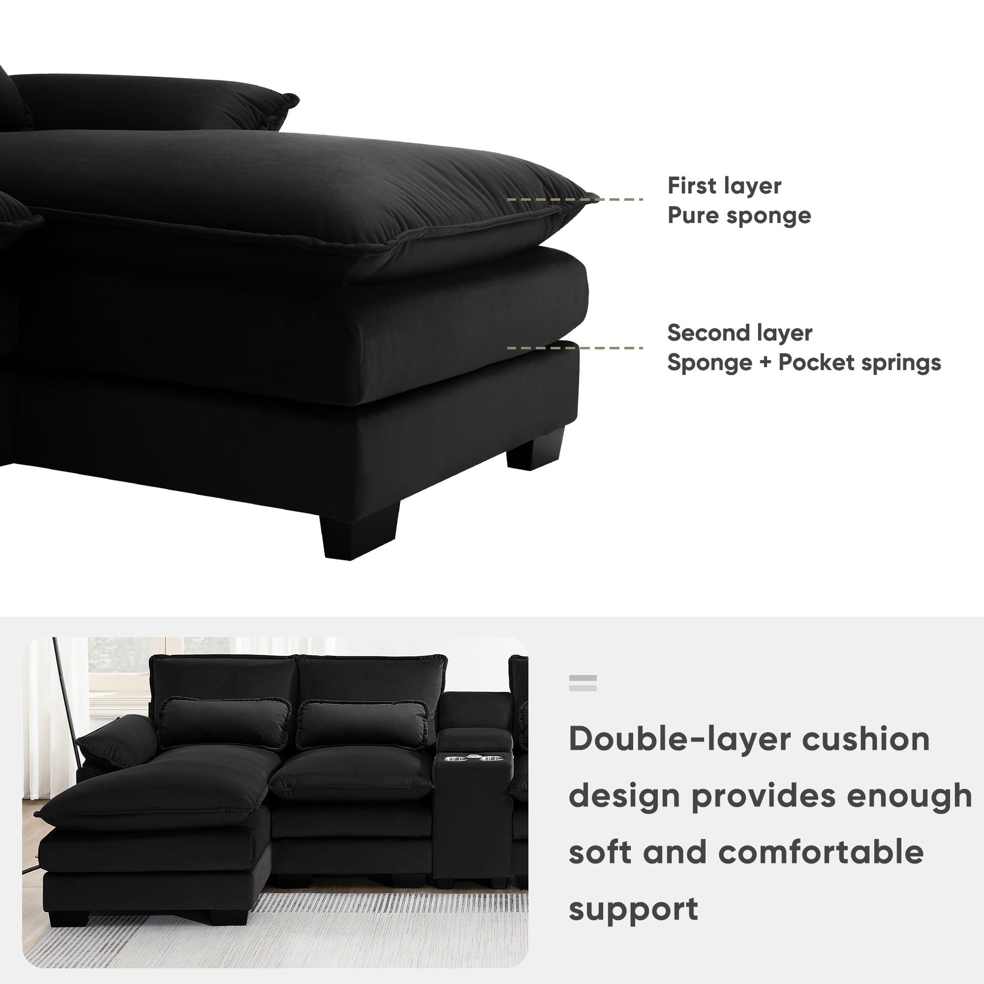 123*55" Modern U Shaped Sofa With Console,Cupholders And Usb Ports,6 Seat Upholstered Symmetrical Indoor Furniture,Sleeper Couch Set With Chaise For Living Room,Apartment,5 Colors Black Velvet 6