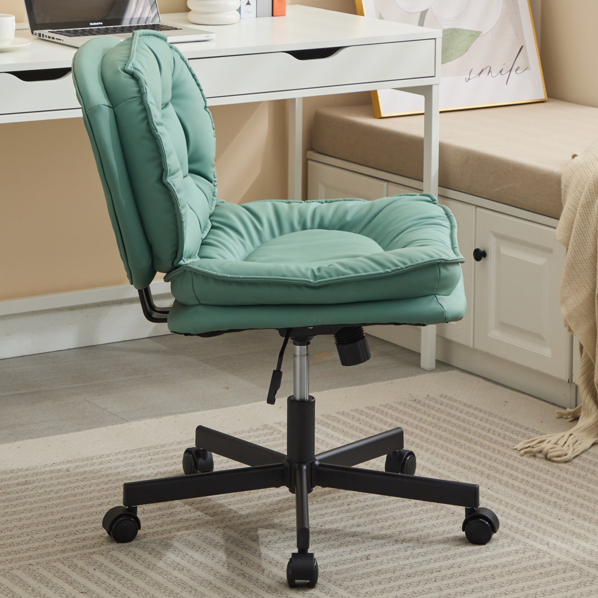 Armless Office Desk Chair With Wheels: Pu Leather Cross Legged Wide Chair,Comfortable Adjustable Swivel Computer Task Chairs For Home,Office,Make Up,Small Space,Bed Room Green Antique Fiber Foam And Polyester Fiber Pad Pvc