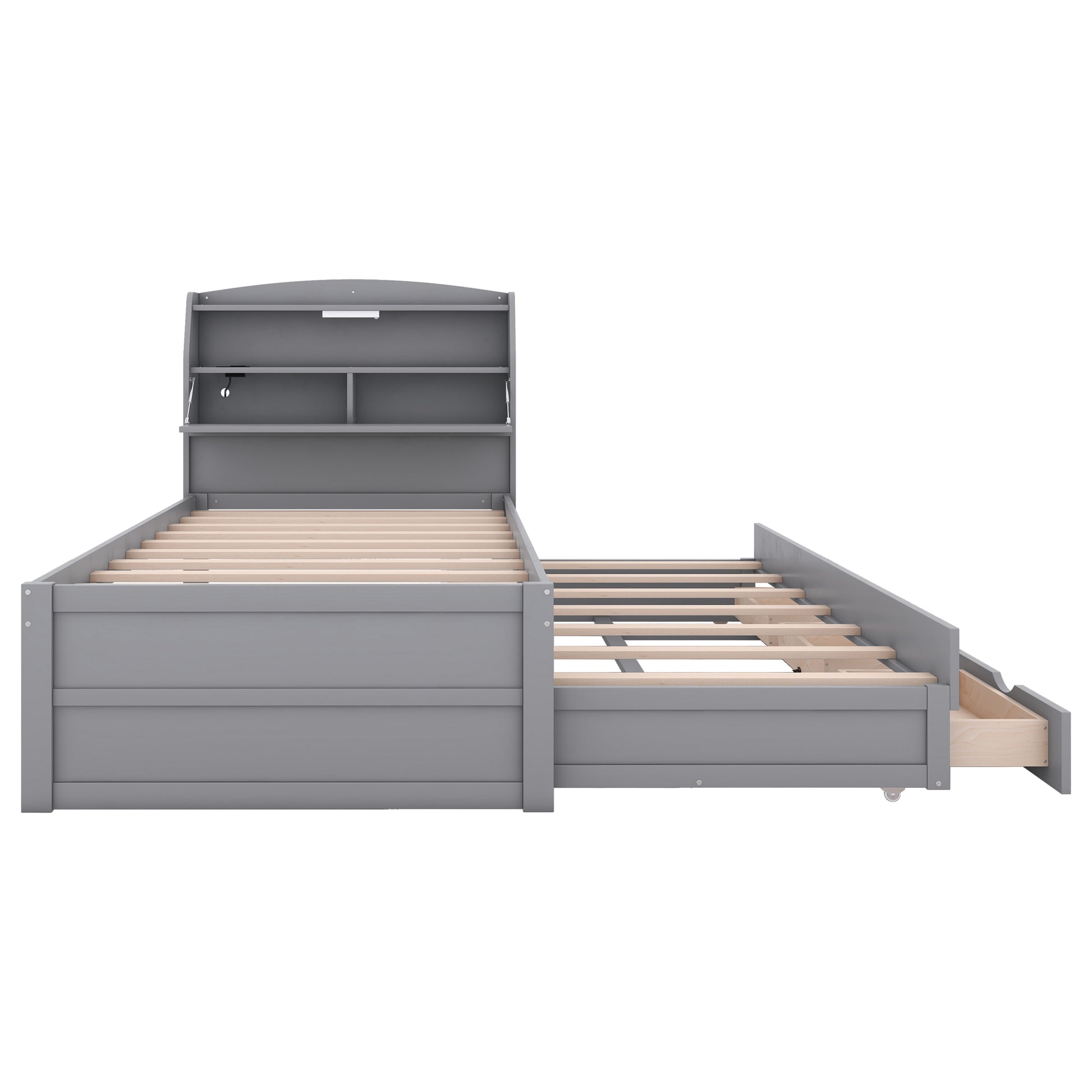 Twin Size Wooden Led Platform Bed With Trundle, With Storage Headboard, With Drawers, Gray Twin Gray Plywood