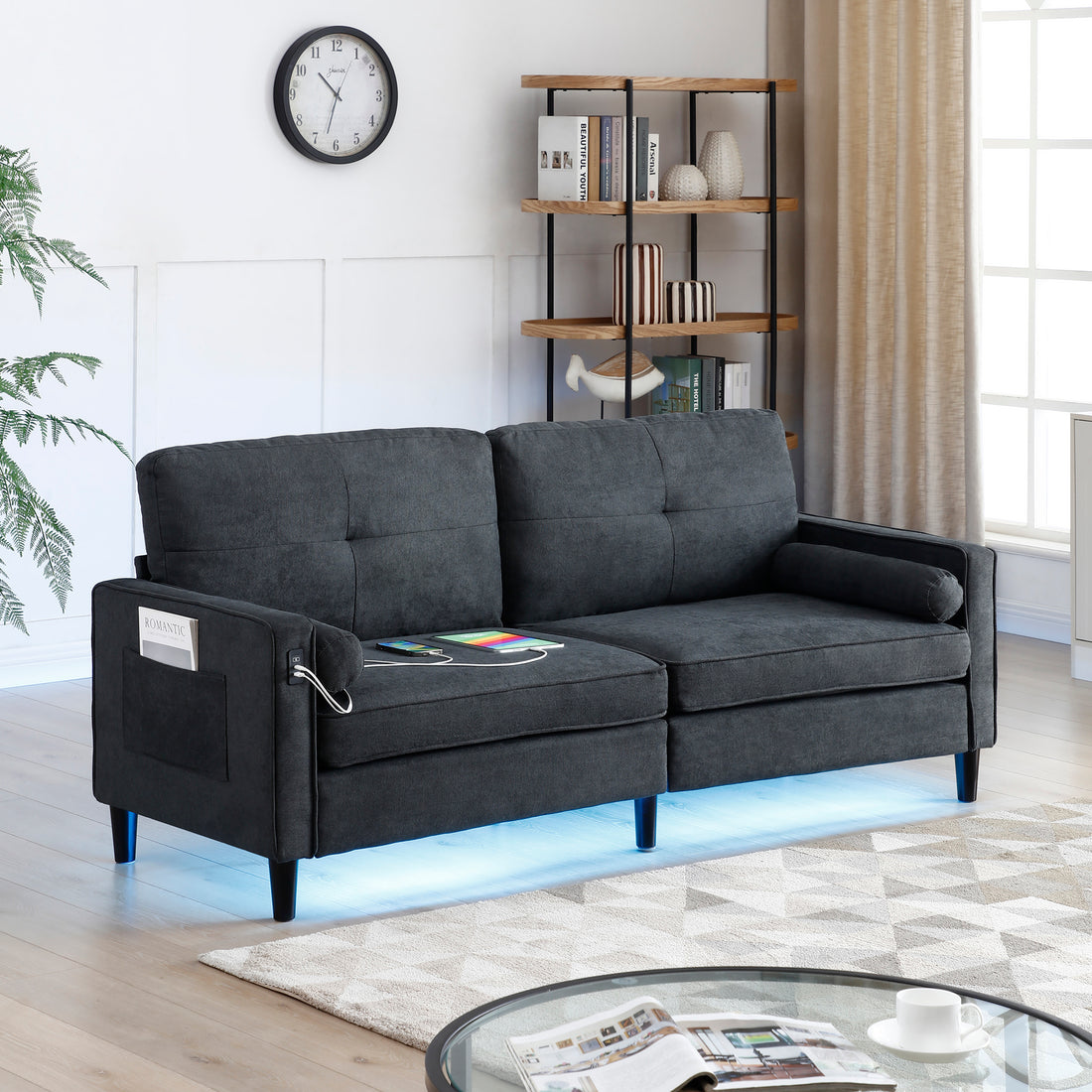 75.2"Inch Modern Sofa Couch With 2 Side Pockets, Modern Sofa With 2 Usb Ports On The Armrest, Power Sofa Set With Led Lights, Linen Fabric 3 Seat For Living Room, Apartment,Office,Black, 3Colors Black Linen Wood Primary Living Space Modern Foam Linen 3