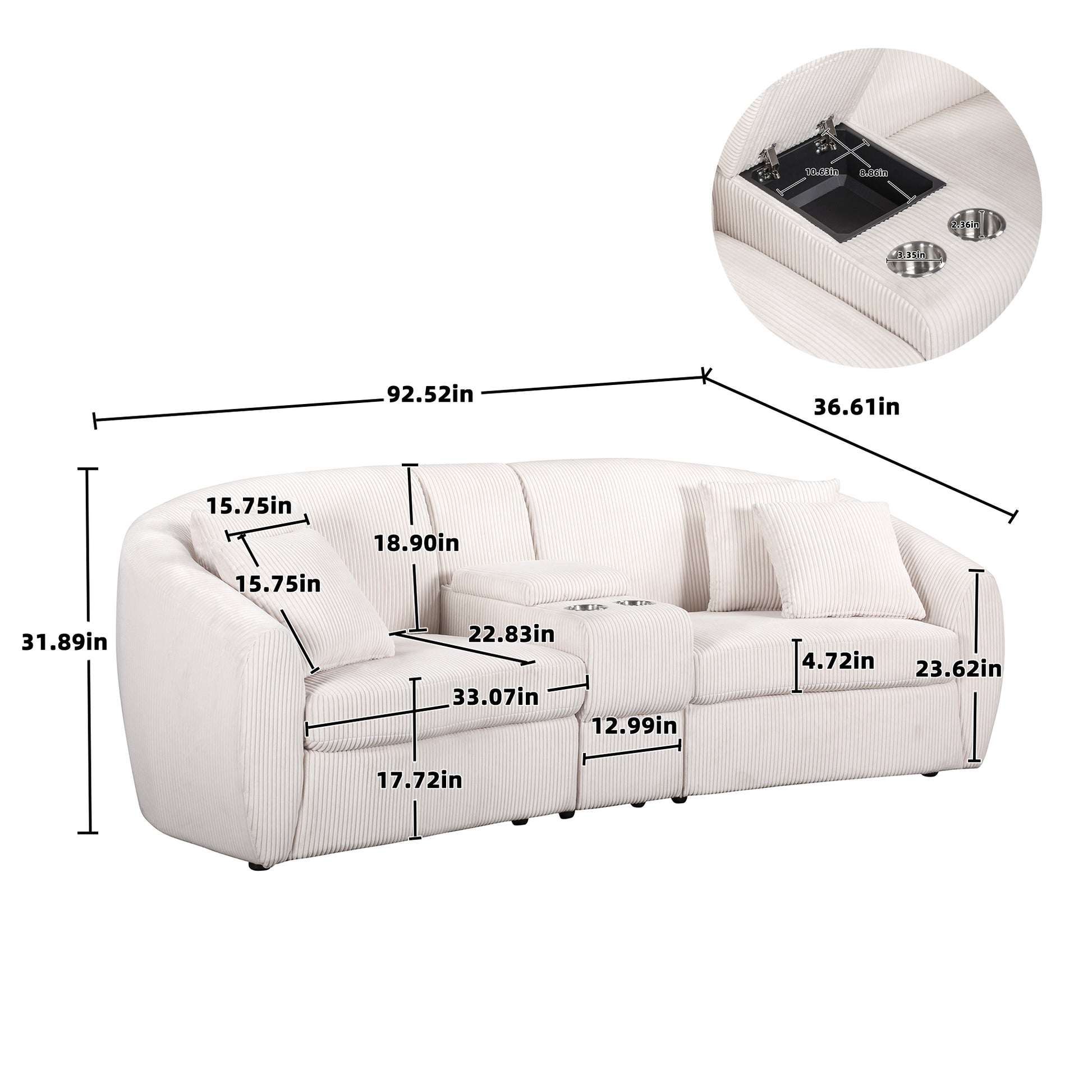 United We Win Corduroy Fabric, Two Cup Holders, Storage, Oversized Two Seat, Solid Wood Frame, High Quality Sponge Filling, Curved Placement Sofa Beige Corduroy 2 Seat