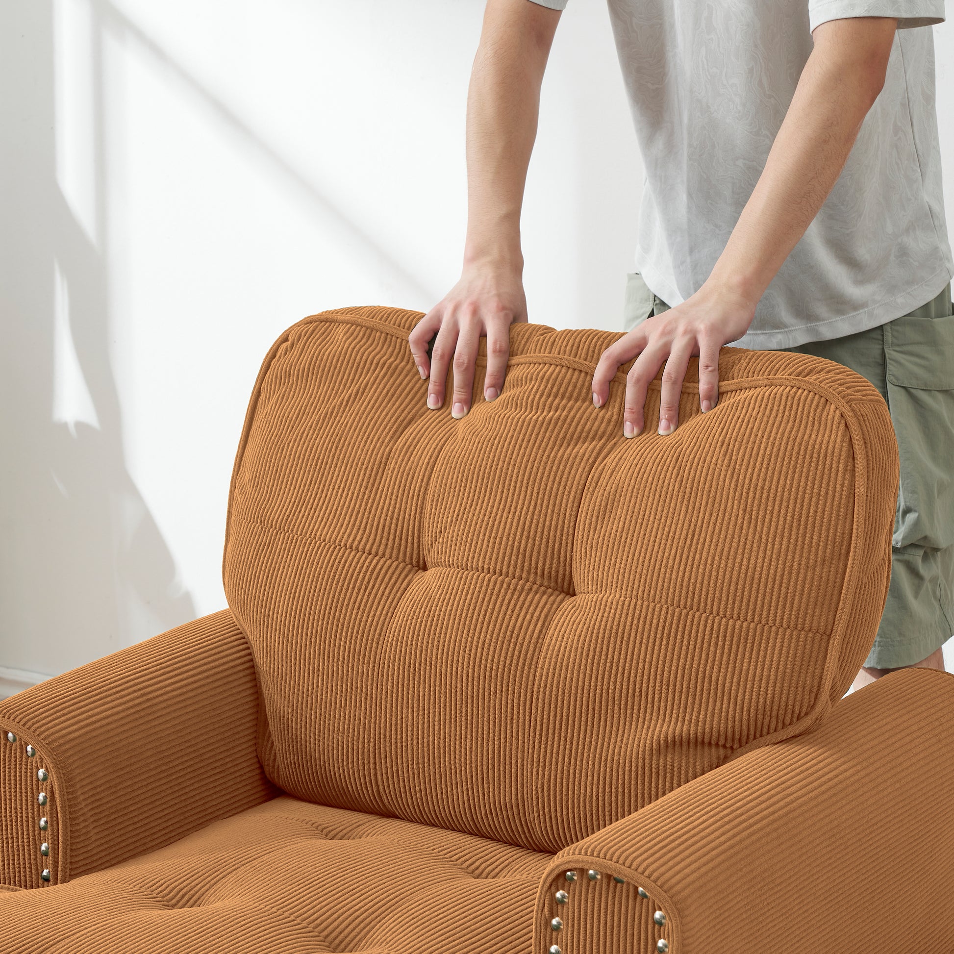 Chaise Lounge Indoor Sleeper Sofa Bed Chair Upholstered Lounge Chair For Bedroom Living Room With Rivets Brown Brown Corduroy