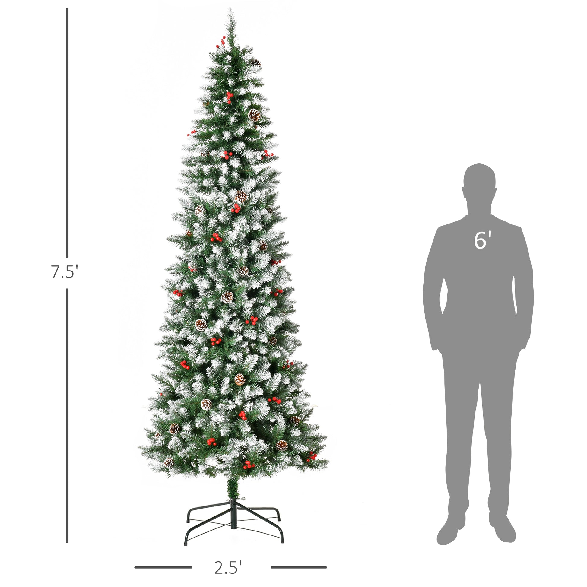 Homcom 7.5Ft Pre Lit Snow Dipped Artificial Christmas Tree With Realistic Branches, 350 Led Lights, Pine Cones, Red Berries And 1075 Tips Green Pvc