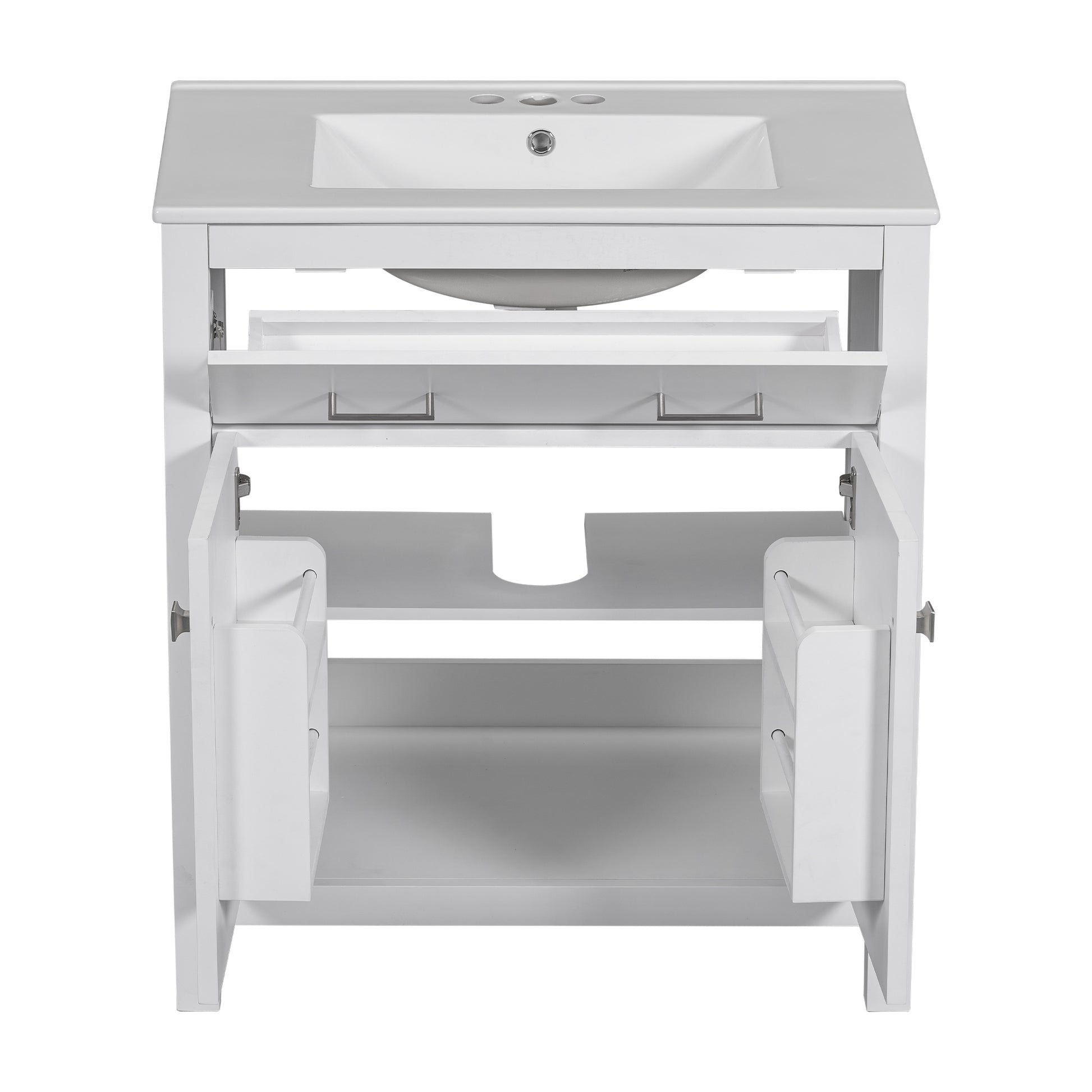 30 Inch Bathroom Vanity With Ceramic Sink, Modern White Single Bathroom Cabinet With 2 Doors And A Shelf, Soft Close Doors White Bathroom Solid Wood Mdf