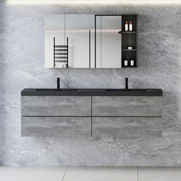 72" Floating Bathroom Vanity With Sink, Modern Wall Mounted Bathroom Storage Vanity Cabinet With Two Black Quartz Sand Top Basins And Four Soft Close Drawers, 24V12 72Gr Grey 4 Grey Wall Mounted Plywood