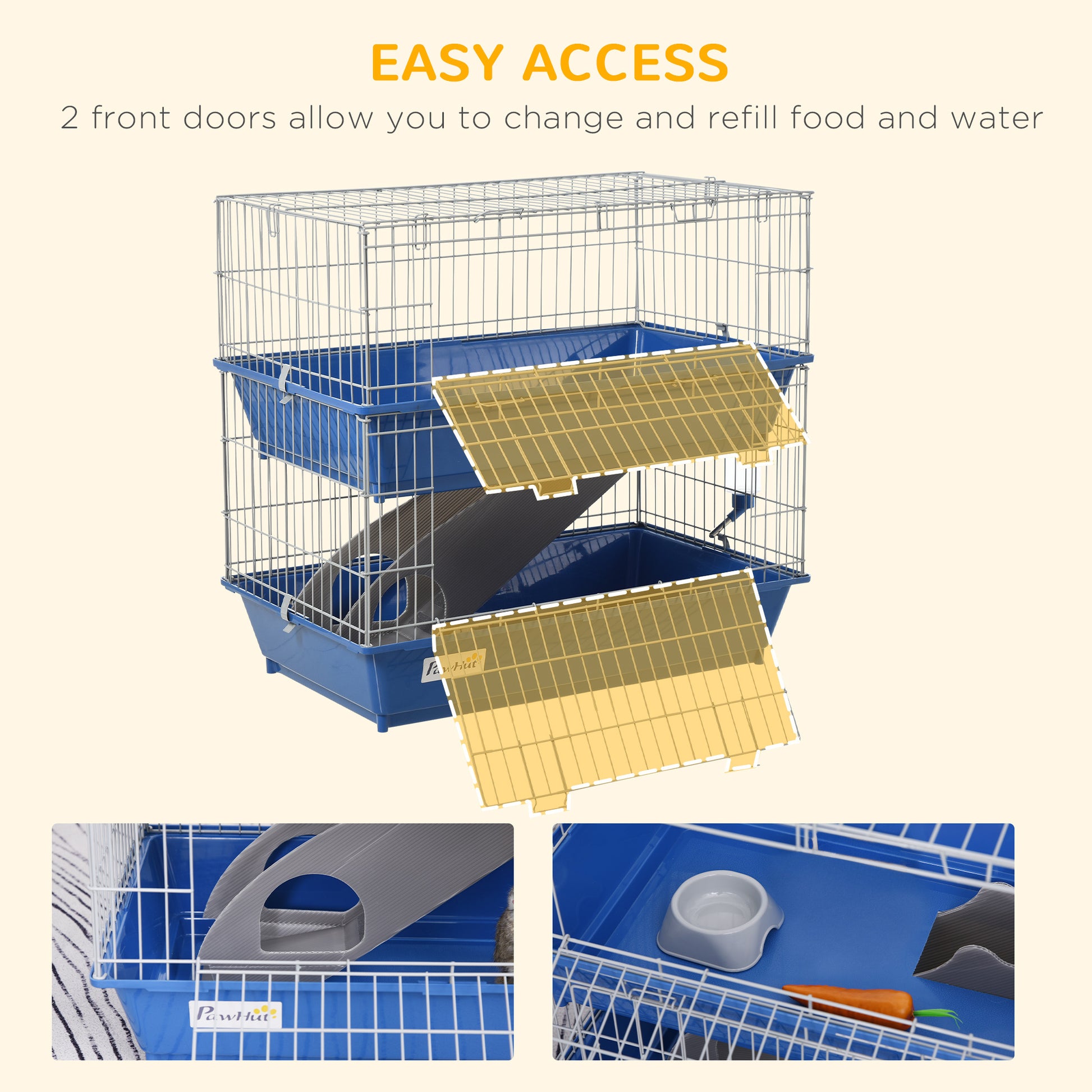 Pawhut 2 Tier Guinea Pig Cage, Ferret Cage, Chinchilla Cage, Small Animal Cage Indoor With Dish And Bottle, 2 Doors, Deep Bottoms, Ramp, 28", Blue Blue Iron Plastic