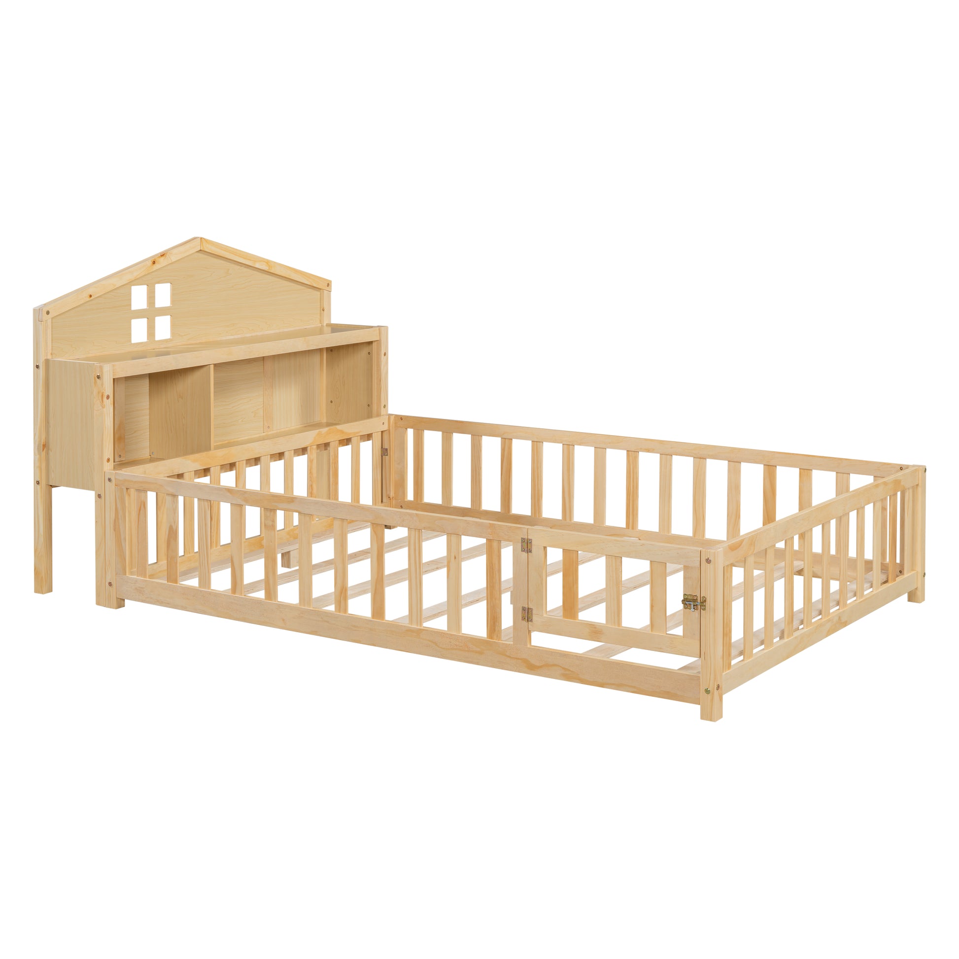 Full Size Floor Beds With Bookcases And Blackboards, Versatile Platform Beds With Guard Rails, Solid Wood Floor Beds With Storage Headboards, Floor Beds For Kids And Teens Natural Full Natural Plywood