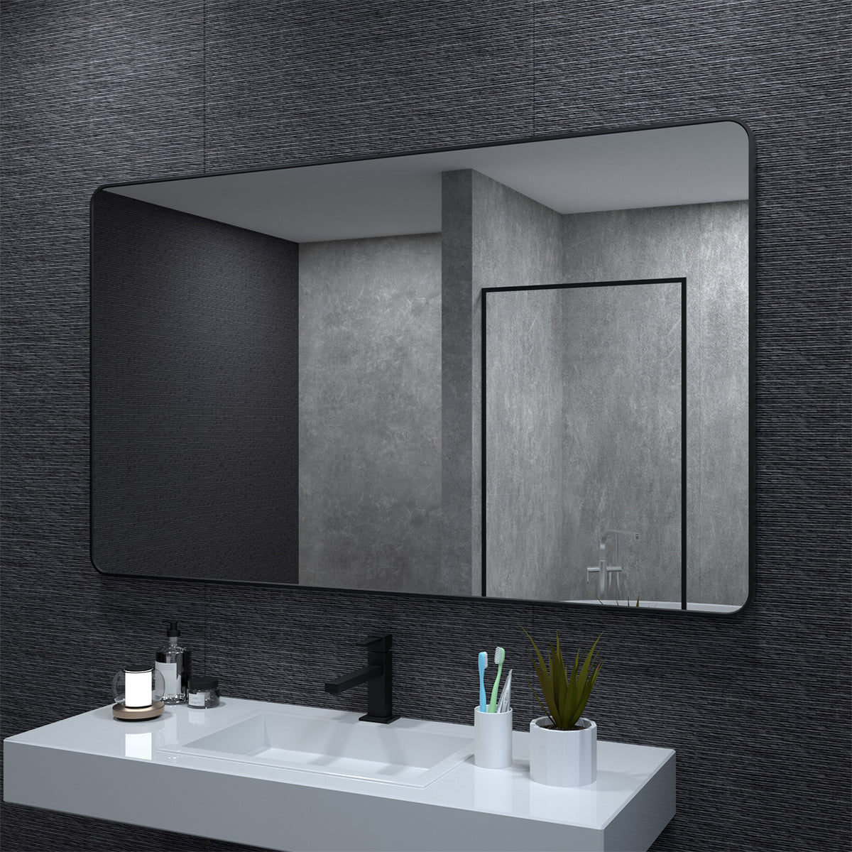 60X36 In. Aluminum Framed Rounded Rectangle Bathroom Wall Mirror, Matte Black Bathroom Vanity Mirror Farmhouse, Anti Rust, Tempered Glass Mirrors, Hangs Horizontally Or Vertiy Matte Black Aluminum