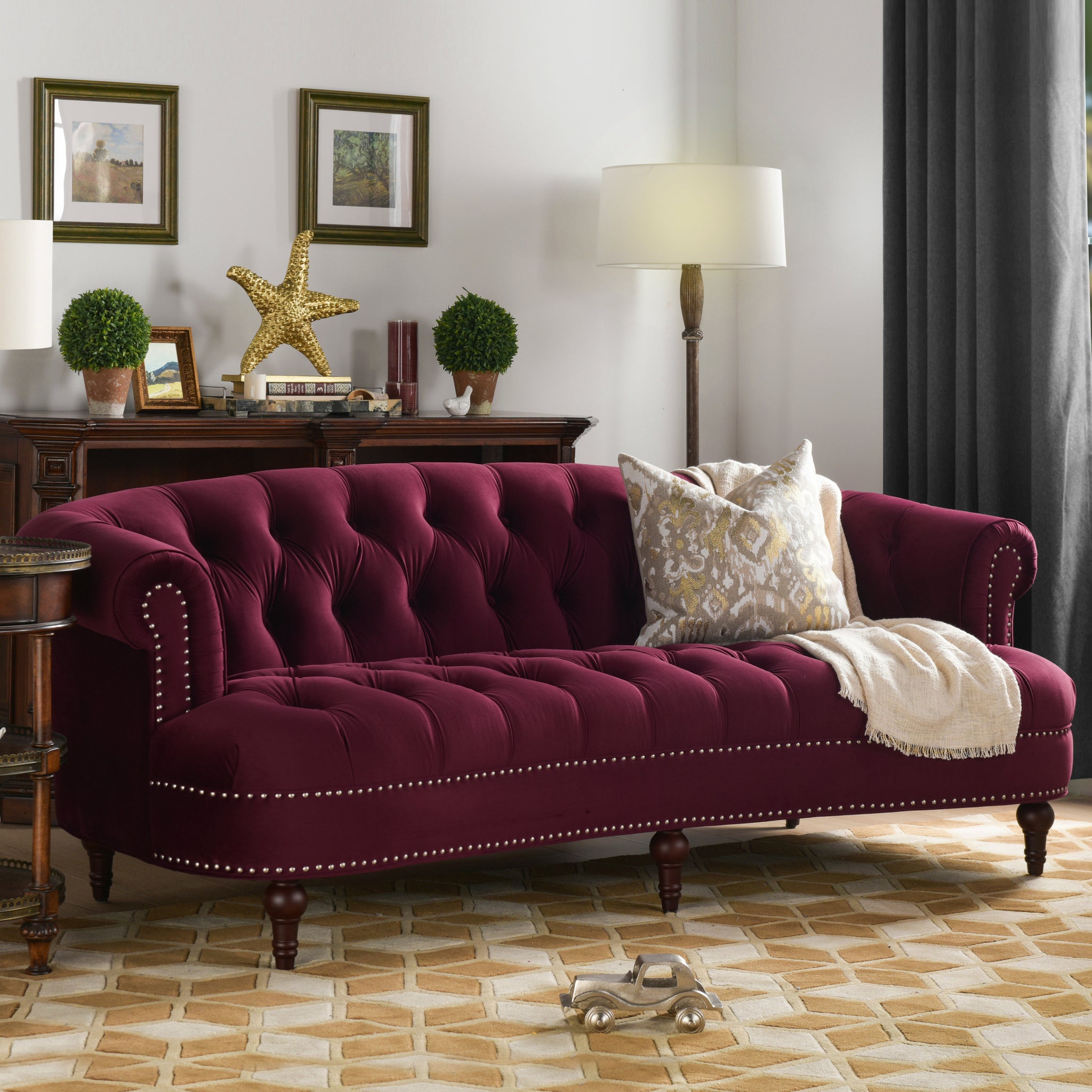 La Rosa Victorian Chesterfield Tufted Sofa, Burdy Velvet Burgundy Foam Velvet 3 Seat