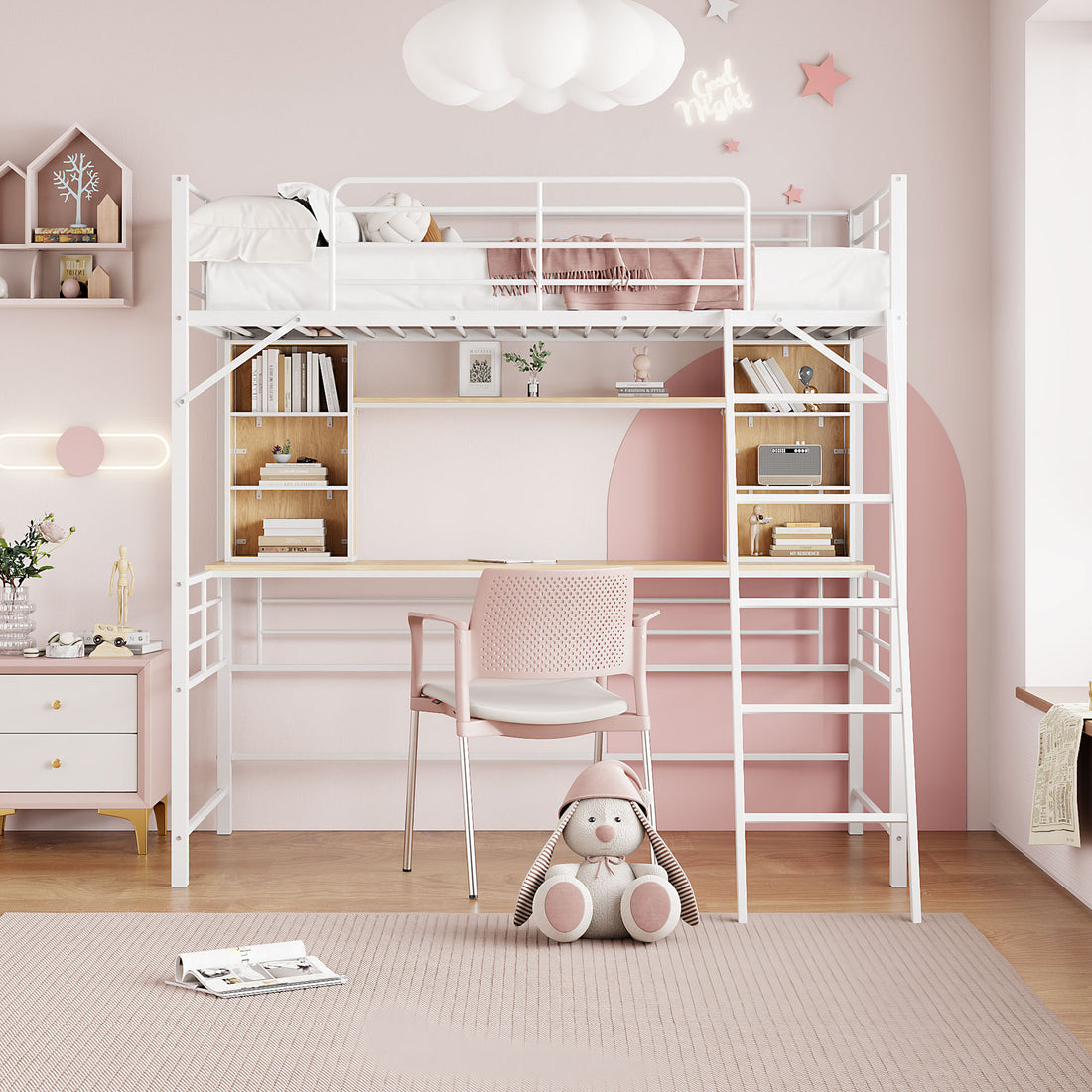 Twin Size Loft Bed With Desk And Shelfloft Bed With Ladder,Twin,White Twin White Metal