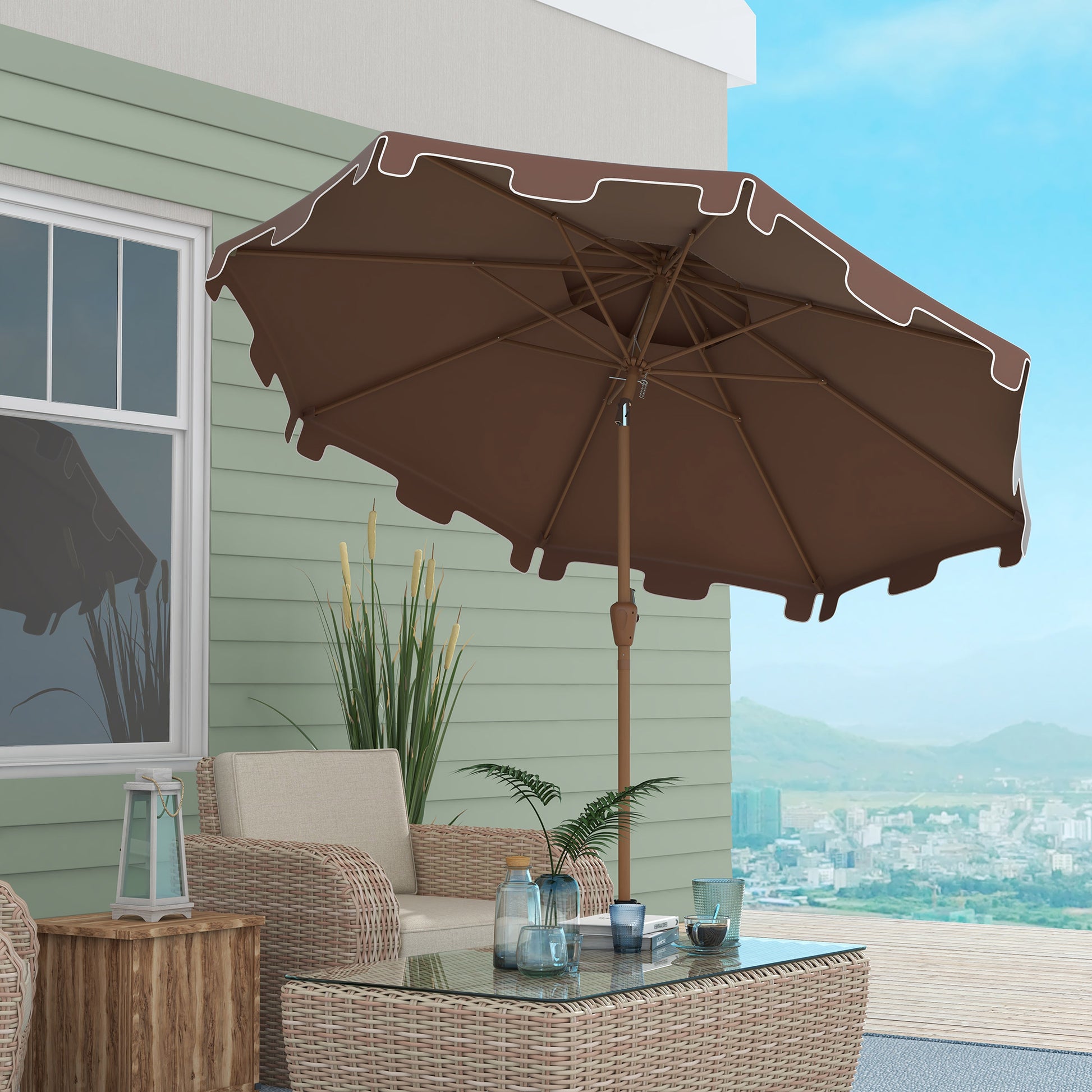 Outsunny 9' Patio Umbrella With Push Button Tilt And Crank, Double Top Ruffled Outdoor Market Table Umbrella With 8 Ribs, For Garden, Deck, Pool, Brown Brown Polyester