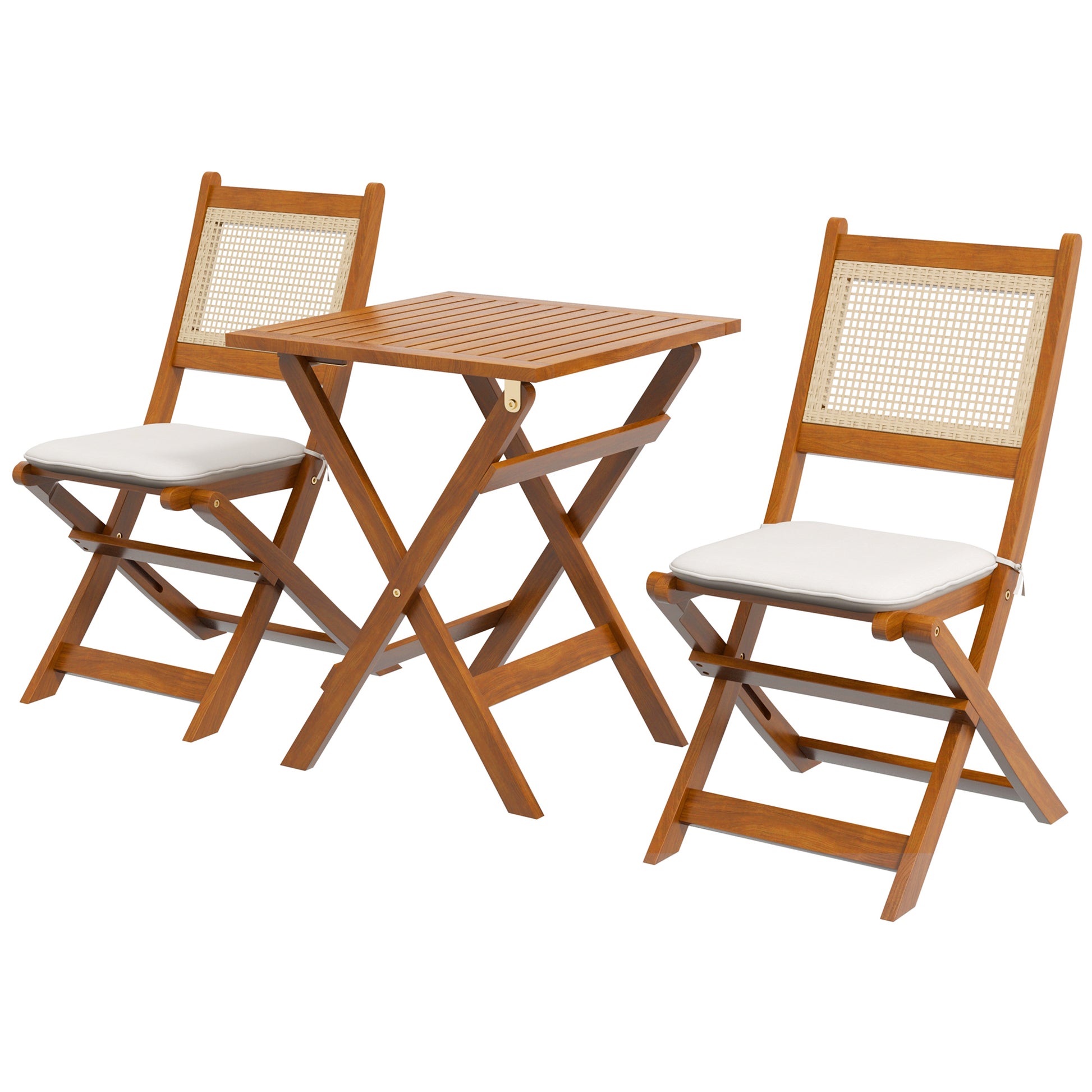 Outsunny 3 Pieces Patio Bistro Set Foldable Wooden Pe Rattan Conversation Furniture Outdoor With Cushions, For Porch, Backyard, Garden, Light Teak Teak Rattan Metal