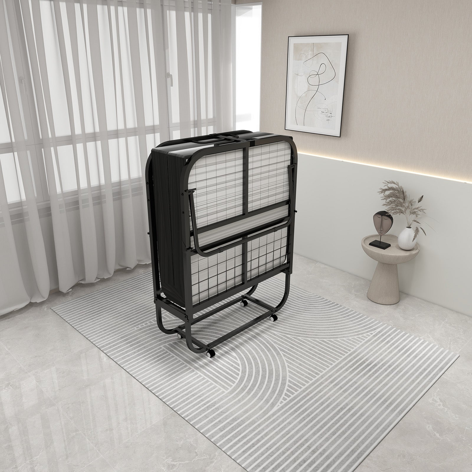 Deluxe Diplomat Folding Bed Twin Size With Luxurious Memory Foam Mattress And A Super Strong Sturdy Frame White Black Metal