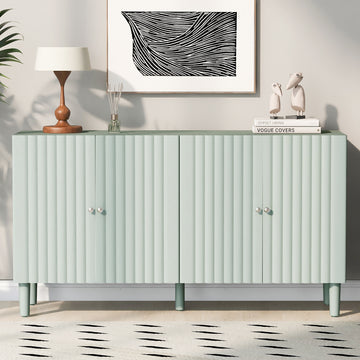 Elegant Four Door Sideboard With Wavy Pattern Doors, Cylindrical Legs, And Sleek Metal Handles, Adjustable, Suitable For Study, Entryway And Living Room Light Green Primary Living Space American