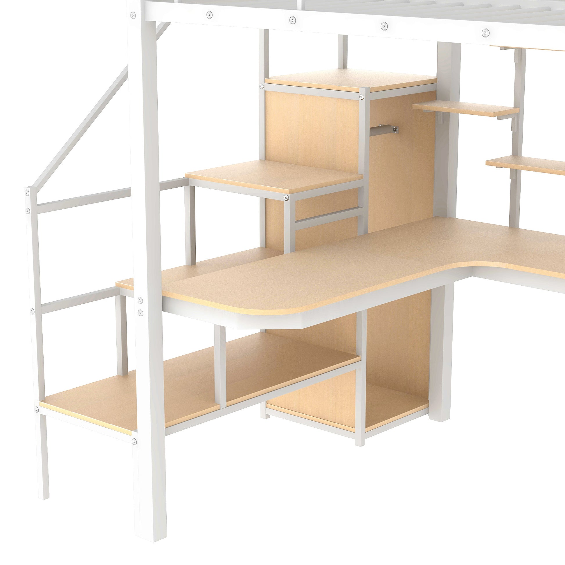 Full Size Metal Loft Bed With Storage Staircase And Small Wardrobe, Built In Desk And Storage Shelves, White Full White Metal