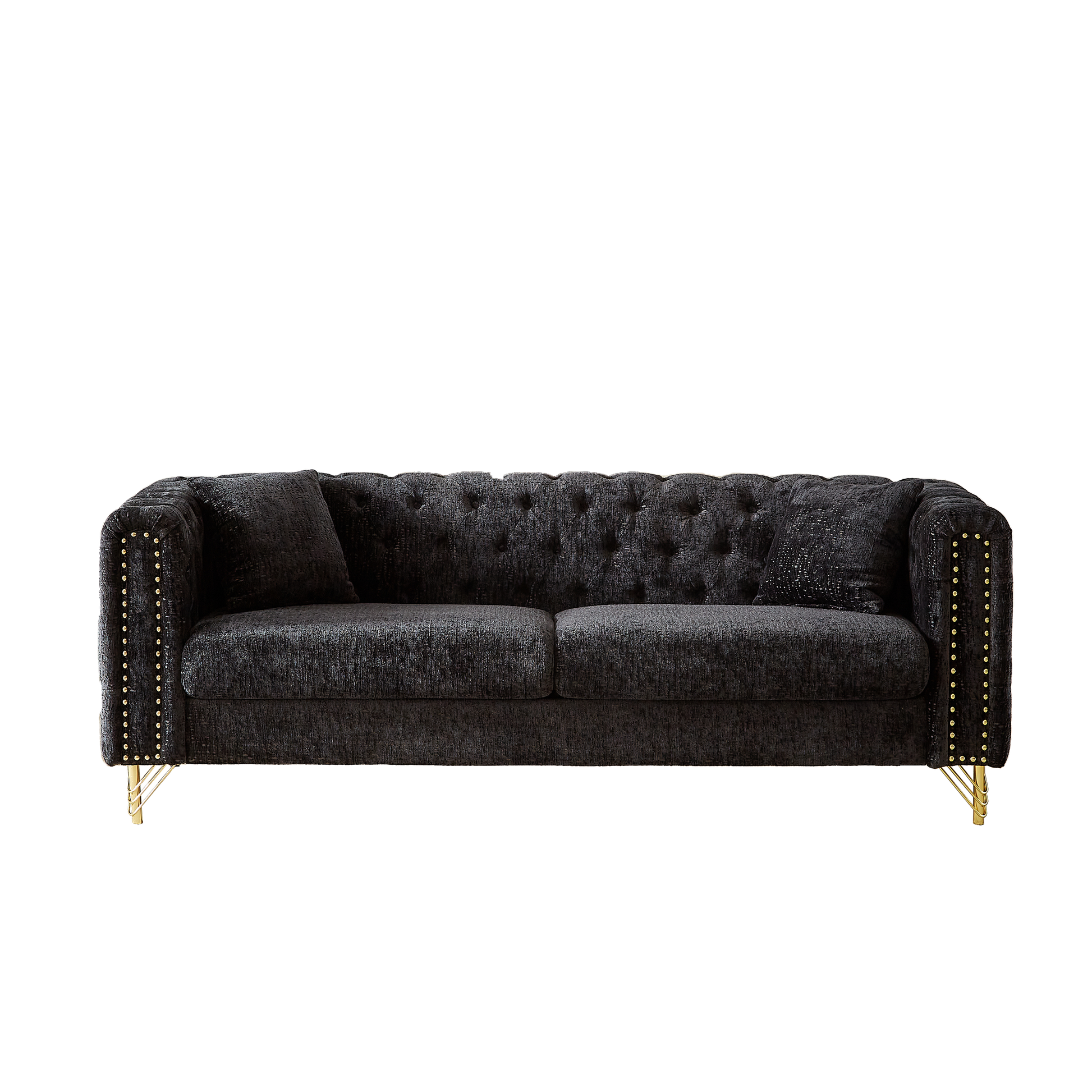 82 Inch Chenille Pull Buckle Design Sofa For Living Room,Buttons Tufted With Copper Nail Decoration Armrest, Modern Couch Upholstered Button And Metal Legs Black Foam Chenille 3 Seat