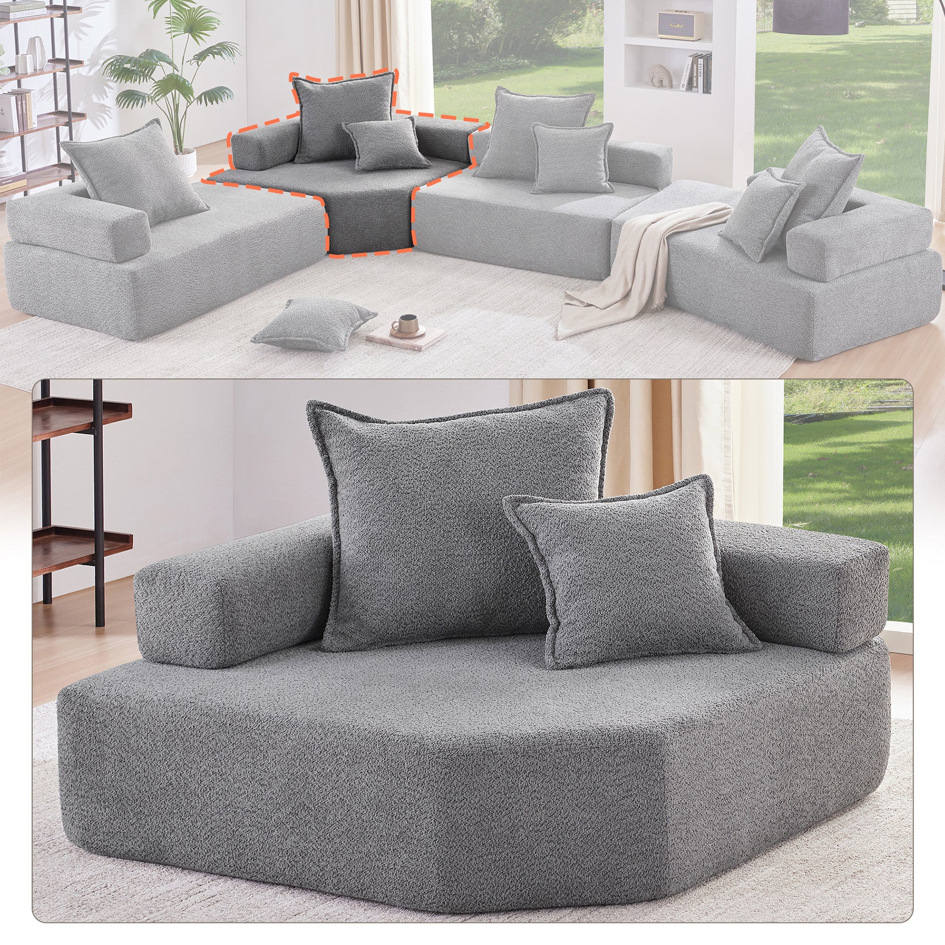 Corner Frame For Oversized Modular U Shaped Sectional Sofa,Luxury Boucle Floor Couch Set,Convertible Sleeper Couch,Spacious Foam Filled Sofa Bed For Living Room Gray Boucle 1 Seat