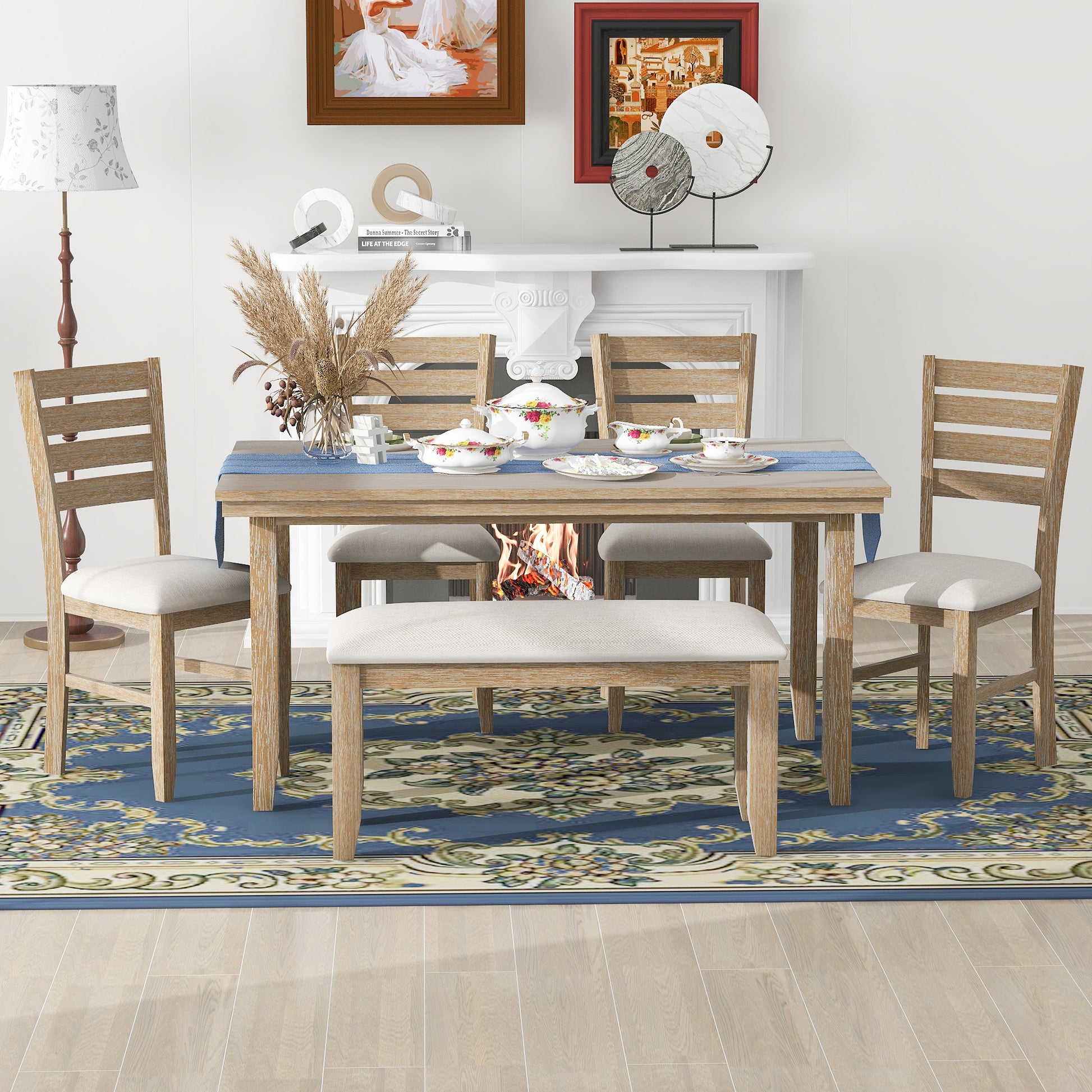 Dining Room Table And Chairs With Bench, Rustic Wood Dining Set, Set Of 6 Natural Wood Wash Natural Wood Wash Solid Wood