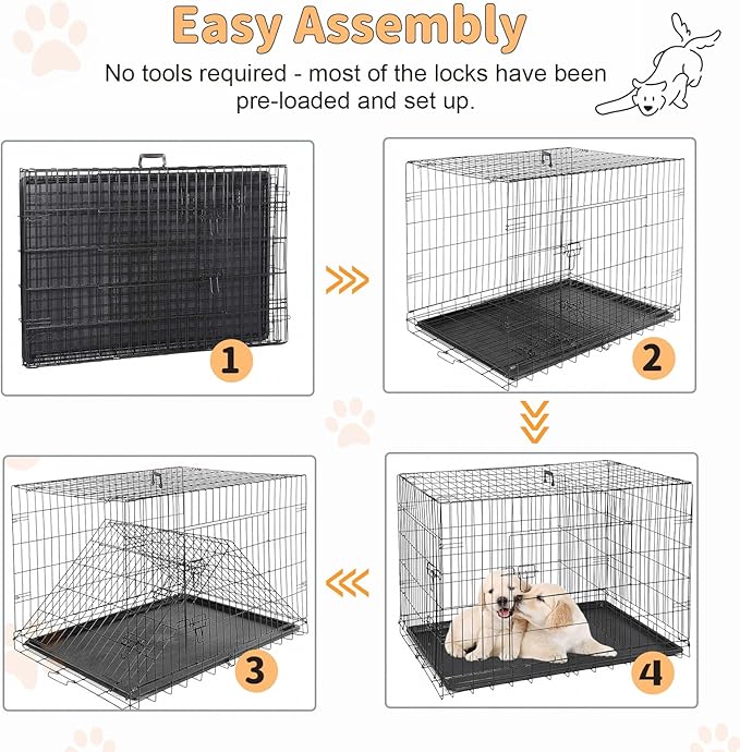 Folding Metal Wire Dog Crate, 30 Inch Durable, Foldable, Collapsible Double Door Dog Crate With Removable Leak Proof Pan, Portable Dogs Crate With Divider, Black Black Iron