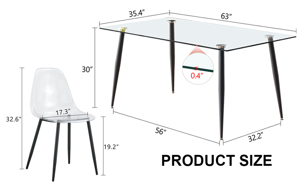 1 Table And 4 Chairs. Rectangular Table, Transparent Tempered Glass Tabletop, And Black Metal Table Legs. Paired With 4 Black Metal Leg Chairs. Dt 1544 Tw 1200 Transparent Seats 4 Glass Metal