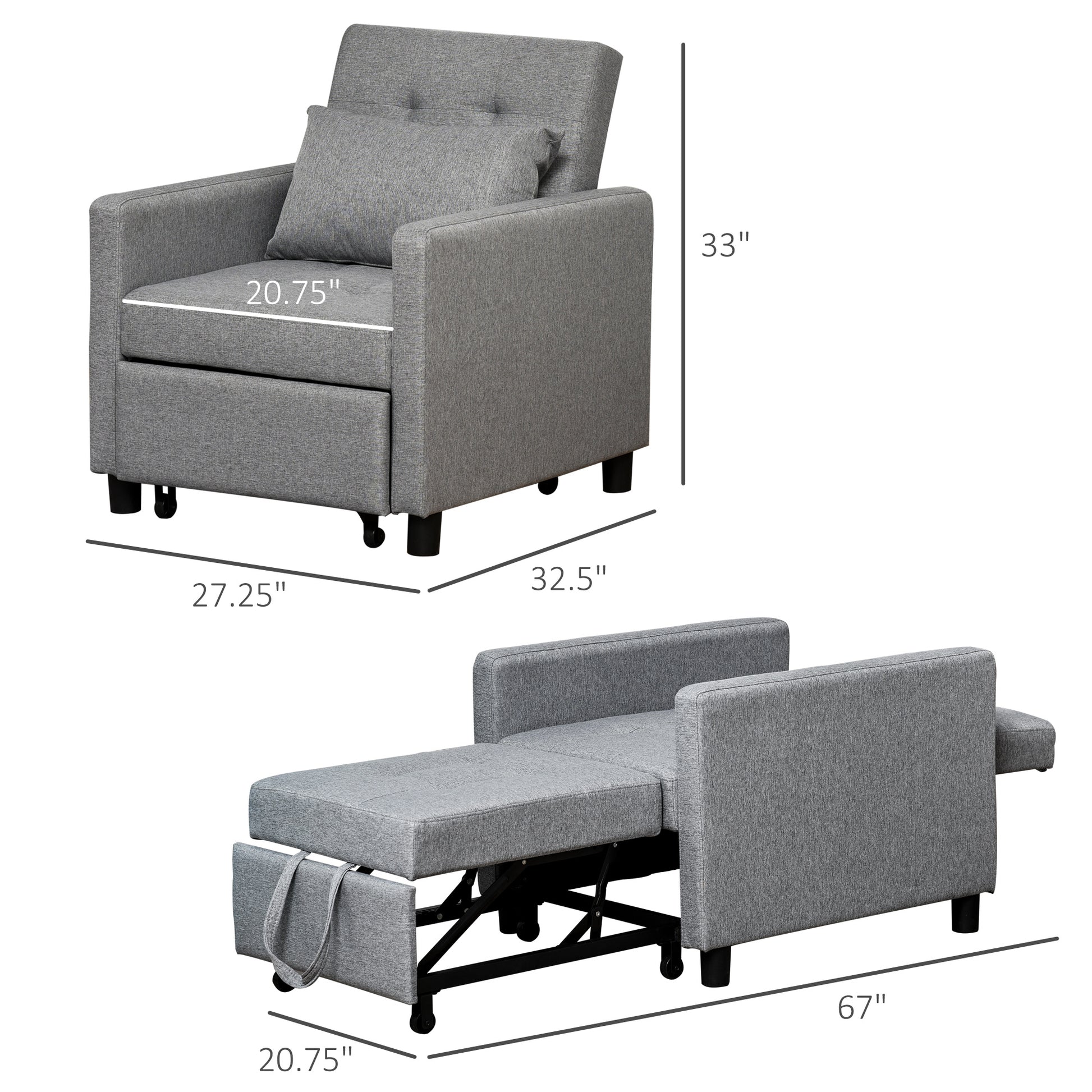 Homcom Convertible Sofa Lounger Chair Bed Multi Functional Sleeper Recliner With Tufted Upholstered Fabric, Adjustable Angle Backrest, And Pillow, Grey Grey Plastic 1 Seat
