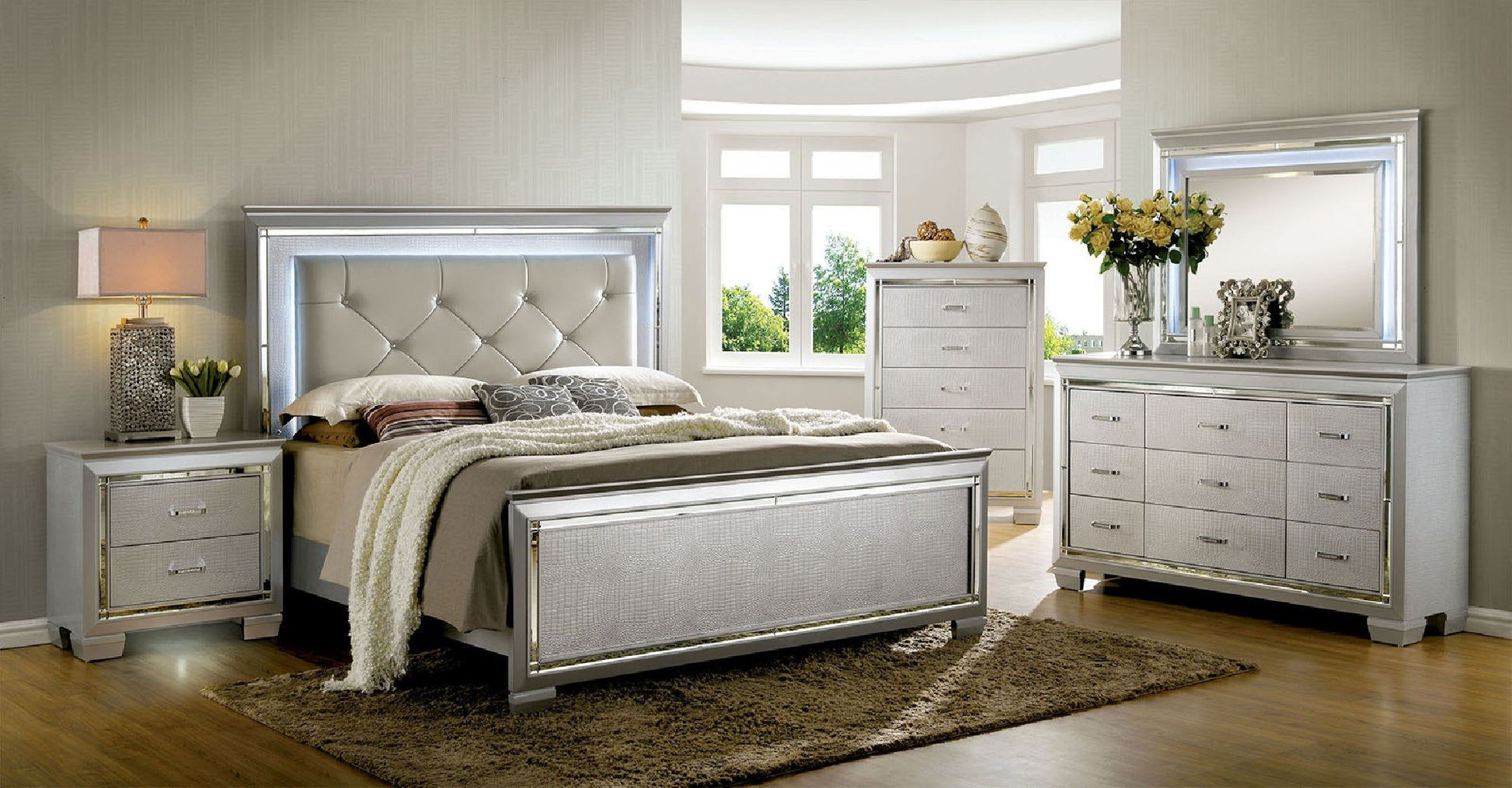 Contemporary 1Pc Nightstand Silver Bedside Table Led Light English Dovetail Drawer Bedroom Furniture Silver 2 Drawers Bedroom Bedside Cabinet Classic,Contemporary,Modern Easy Assembly Silver Mirror,Solid Wood